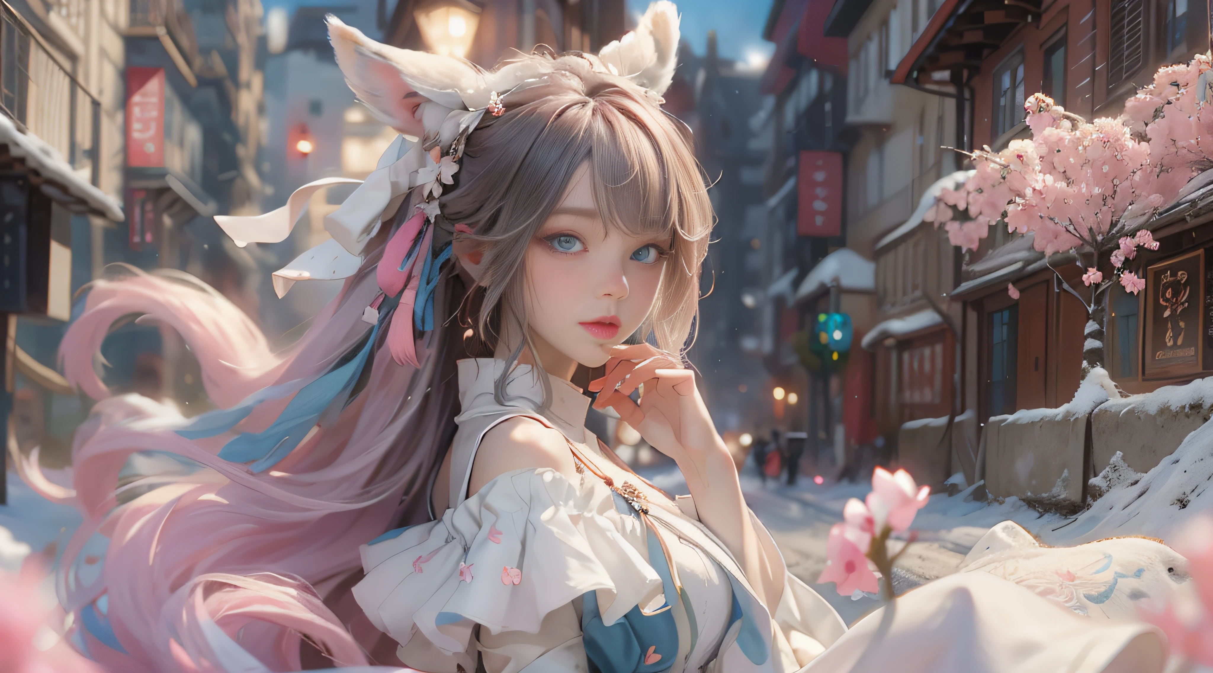 ((best qualtiy)), ((tmasterpiece)), (detail:1.4), Beautiful cyberpunk female images,hdr(HighDynamicRange),Ray traching,NVIDIA RTX,Hyper-Resolution,illusory 5,sub surface scattering,PBR textures,post-proces,Anisotropy Filtering,depth of fields,maximum definition and sharpness,Many-Layer Textures,Albedo e mapas Speculares,Surface coloring,Mitsu-Accurate simulation of material interactions,perfectly proportioned,rendering by octane,Two-colored light,largeaperture,Low ISO,White balance,Rule three points、8K raw data、Beautiful bright blue pupils,off-the-shoulder clothes,Fine pupils,Delicate face and eyes,long eyelasher,Blushlush,Delicate and fluffy hair,pink lip,Pure,Cute face,Sweet girl,Artistic sense,Casual wear,Advancedsense,butterflys,Cherry blossom petal,Beautiful hair accessories,Long hair and waist,Hair fluttering in the wind,Snow-white fox ears,curlies,Snow-white fluffy tail,Positive light,The light from the back window is backlighted