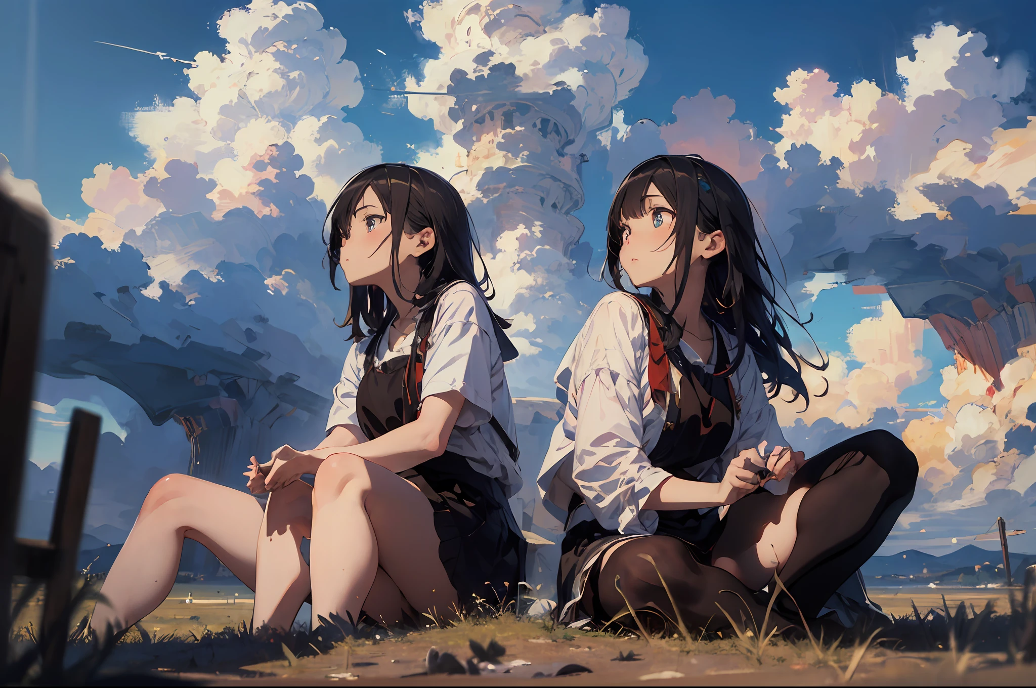 girls on, sitting on, Side Shot, (sky-high:1.3), (A masterpie, best qulaity, Near and far law, Depth-of-field:1.5), the clouds, a sea, beautifulface, thighlet, From Under, 8K, Raw foto, absurdress, impressionists, (Tom Thomson, Claude Monet, Joaquin Sorolla, James Wilson Morris, Jon Fabian Aluson, Hugh Henry Breckenridge:0.8), FLS, photorealestic, film grains, Color Aberration, high - resolution, Ultra Verbose, finelydetail, dinamic lighting, Dramatic lighting、shadowy、Sharp focus、Very detailed eyes and face、Sharp pupils、Realistic pupils
