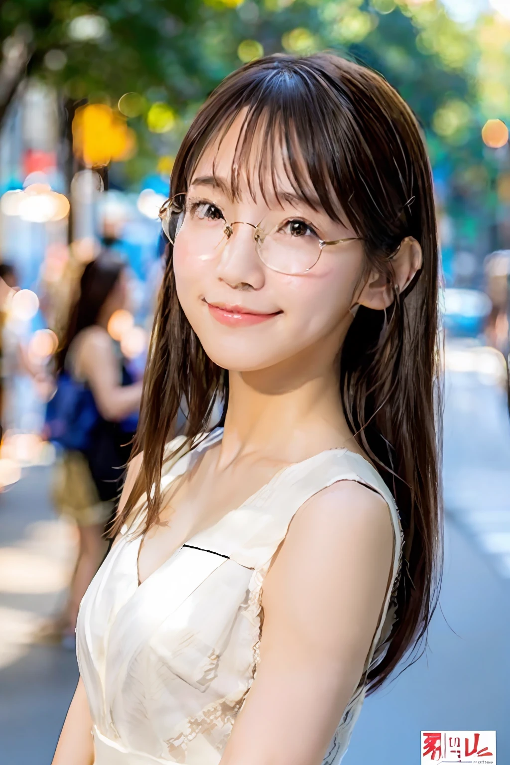 (Skin blemishes:1.2), (Skindentation), Black eye, 1womanl, 25-years old, ((femele))), 独奏, realisitic, top-quality, Photorealsitic, masterpiece, 8K, hight resolution, 独奏, extra detailed face, (profetional lighting、bokeh dof), (light particules、lensflare、Luminous particles:0.6), (dynamicposes:1.2), Soft lighting, Top Angle View, Fashionable and trendy atmosphere, jpn, a street, TOKYOcty, The city, ((during daytime)), Skysky, ((Look at viewers:1)), (looking in camera),(portlate:0.6), Keep the original facial proportions, broad shoulder, full body Esbian, (tiny chest), (Middle hair), brown haired, Floating hair, s lips, lipsticks, seducting smile, Floating hair, A smile, Open_Mouth, tusk, (fullnude), Eye lashes, Mole, (Mole under the eyes:1),spreading legs、Pubic area、wears glasses、poneyTail、bustup