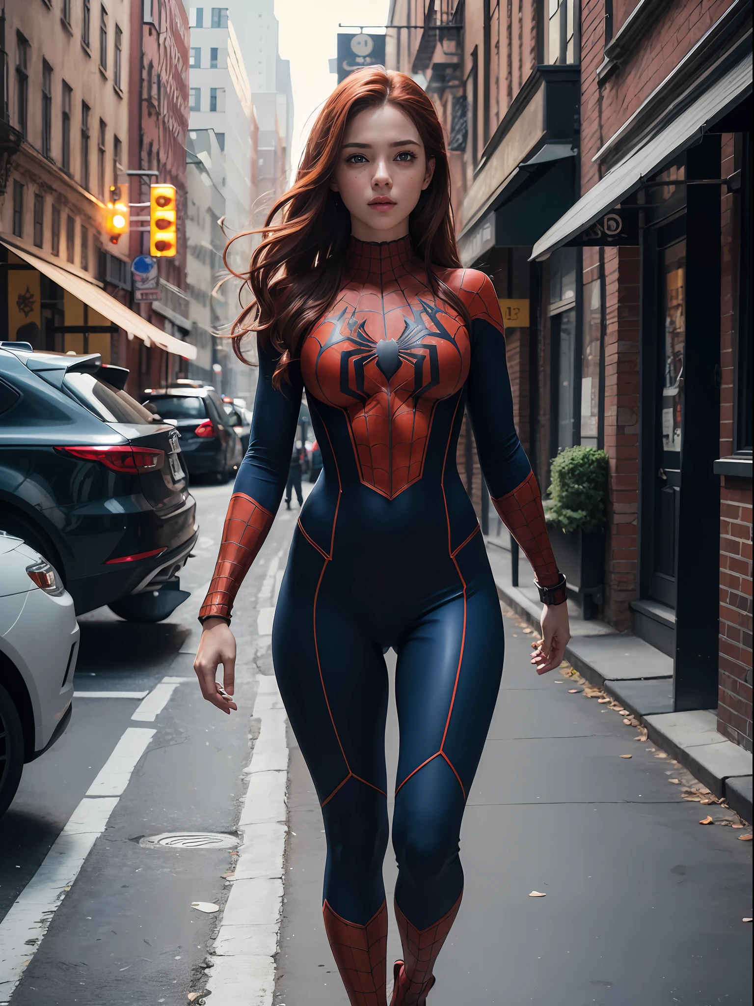 extremely detailed CG,UHD wallpaper, Extreme details,(realistic:1.2),(((best quality))), ((ultra-detailed)), (cute detailed face:1.2), {{highly detailed face}},beautiful and aesthetic,1girl,(masterpiece:1.4),glowing skin,dramatic shadows, intense shadows, SIGMA 35mm F1.4, ISO 200 Shutter Speed 2000,Photorealism,{photorealistic}, photogenic, Girl, finely detailed,HIGH RES, {{intricate detail}},(((beautiful detailed lighting))),beautiful detailed colorful eyes, best quality, 1girl, masterpiece, best quality, 8k, detailed skin texture, detailed cloth texture, beautiful detailed face, intricate details, ultra detailed, european youth, european beauty, Spider-Man uniform, straight red hair, freckles, (full body:1.5), new york streets, walk on all four,