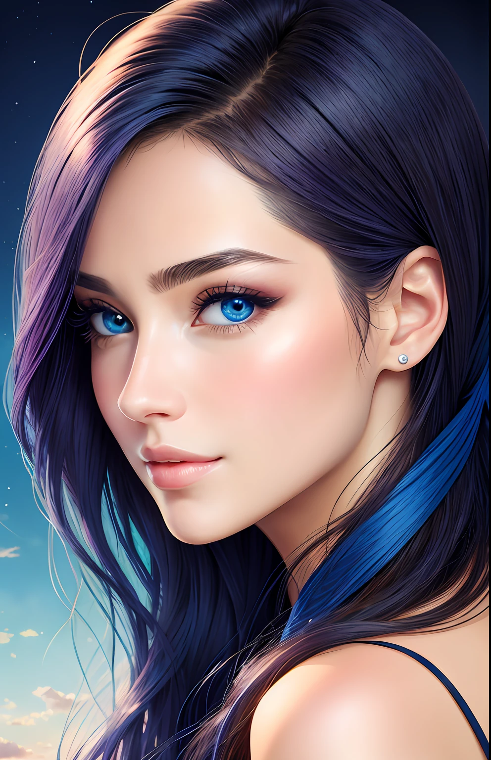 animesque、portraitures、One Person２０Pretty Woman、Moisturized eyes、Casual clothing、a picture、oval jaw、beautiful countenance、The hair、Blue eyes with a beautiful glow、LDS Art
