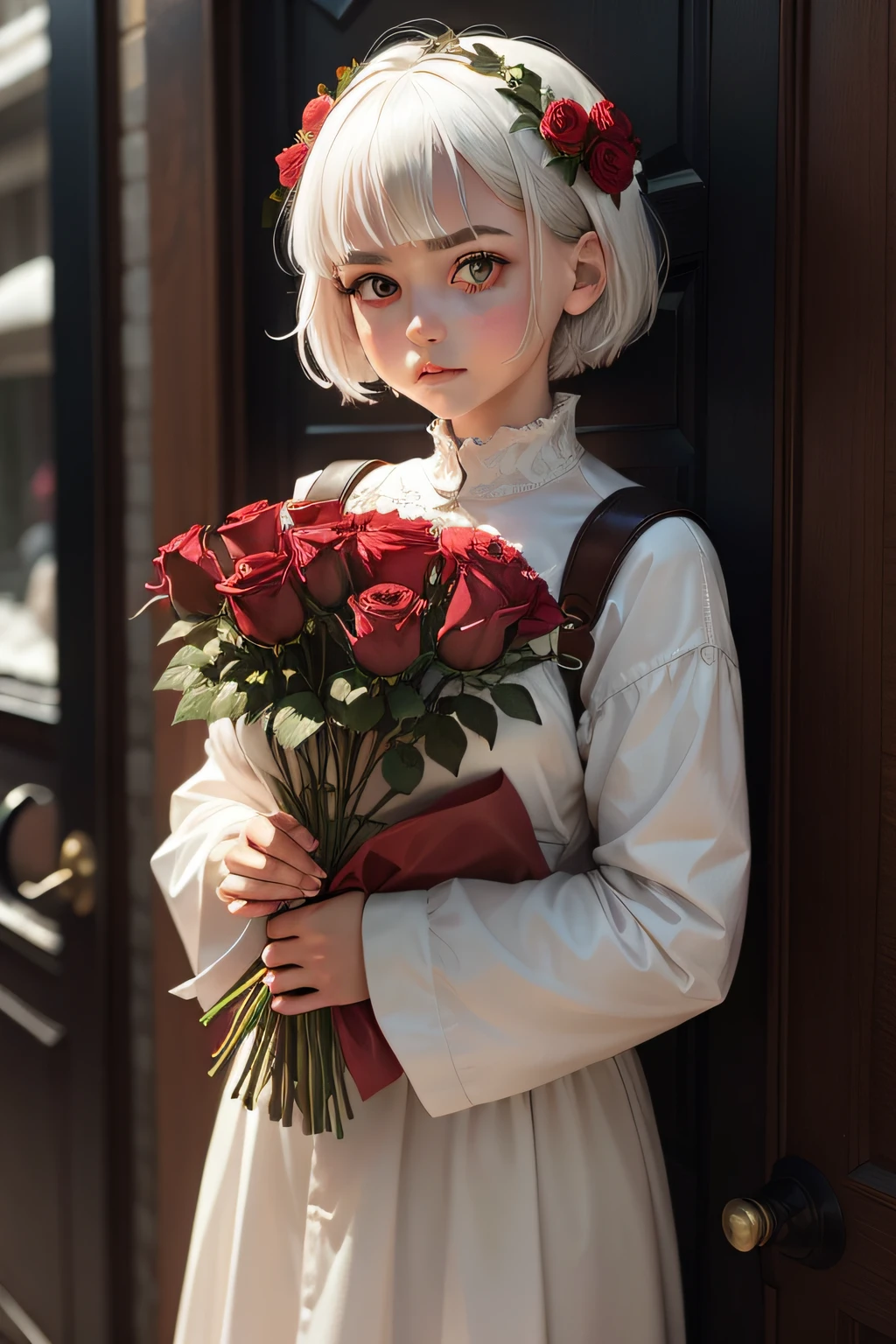 A cold girl with short white hair holding a fan with roses around it