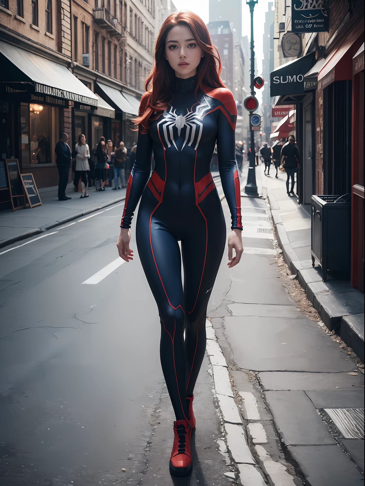 extremely detailed CG,UHD wallpaper, Extreme details,(realistic:1.2),(((best quality))), ((ultra-detailed)), (cute detailed face:1.2), {{highly detailed face}},beautiful and aesthetic,1girl,(masterpiece:1.4),glowing skin,dramatic shadows, intense shadows, SIGMA 35mm F1.4, ISO 200 Shutter Speed 2000,Photorealism,{photorealistic}, photogenic, Girl, finely detailed,HIGH RES, {{intricate detail}},(((beautiful detailed lighting))),beautiful detailed colorful eyes, best quality, 1girl, masterpiece, best quality, 8k, detailed skin texture, detailed cloth texture, beautiful detailed face, intricate details, ultra detailed, european youth, european beauty, Spider-Man uniform, straight red hair, freckles, (full body:1.5), new york streets, walk on all four,
