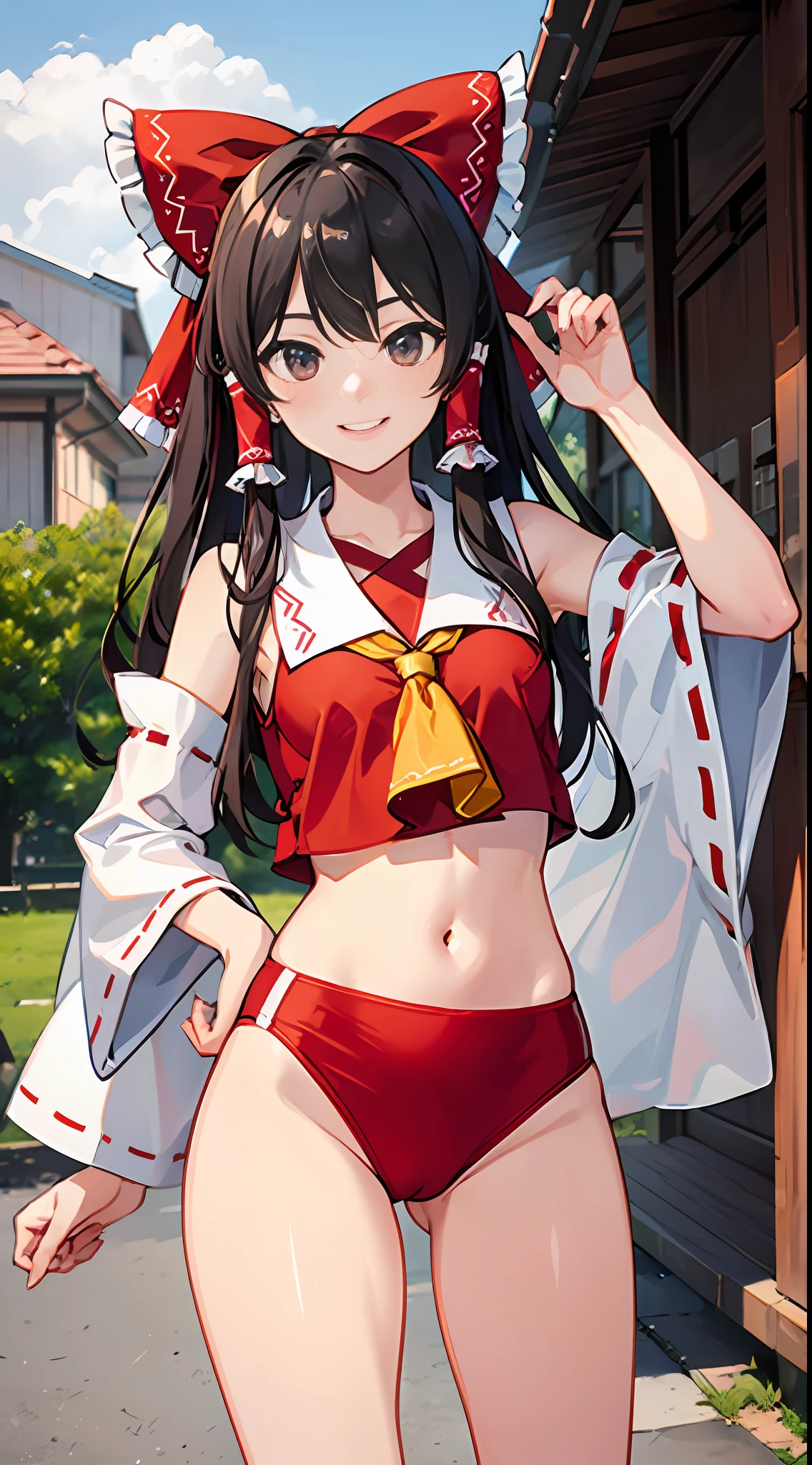 hakurei reimu, Show from the hips to the shoulders, smile, outdoors, absurdres,