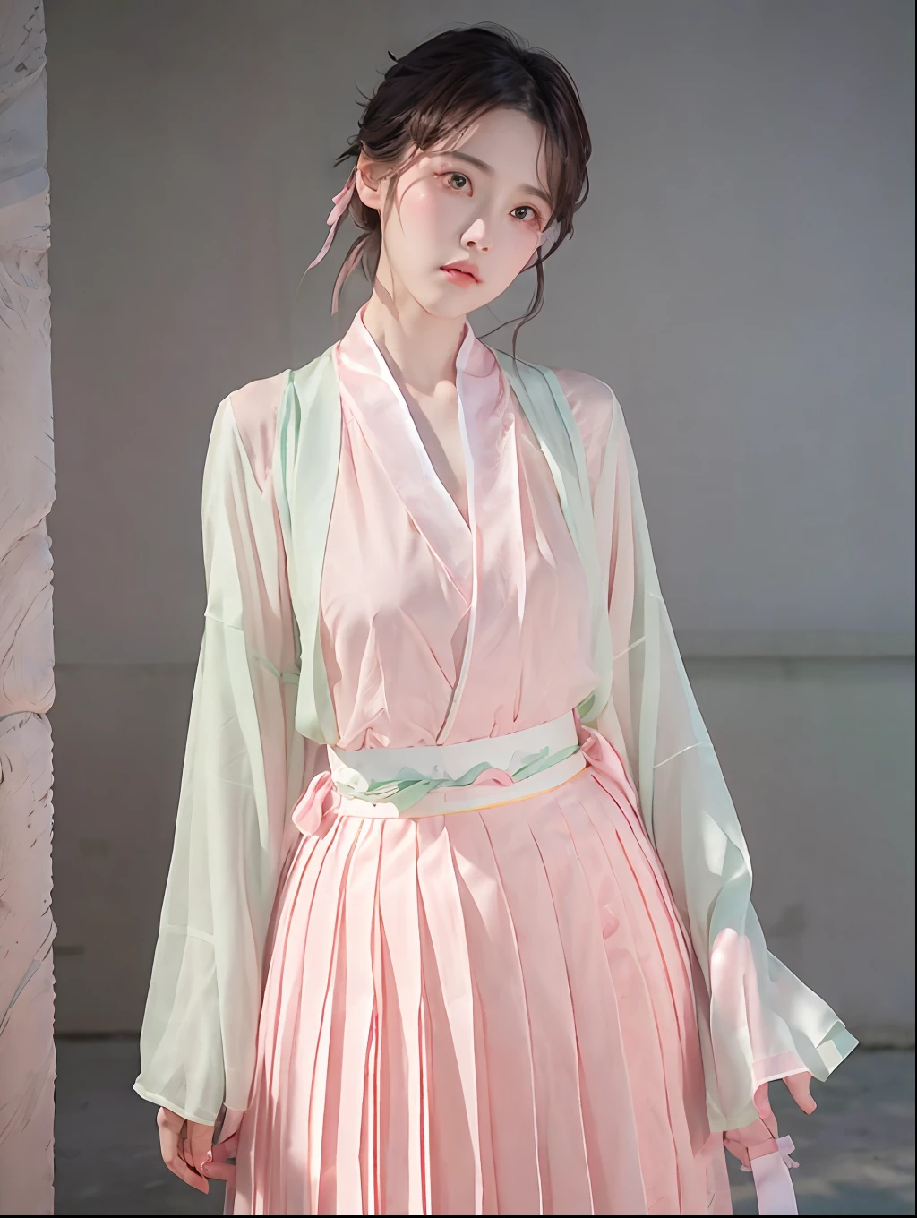 1girl,(hanfu, pink short shan,  gradient green pleated skirt, pink songmo),(upper body:1.5),face focus, ultra high res, (photorealistic:1.4), raw photo,16K,dramatic lighting,