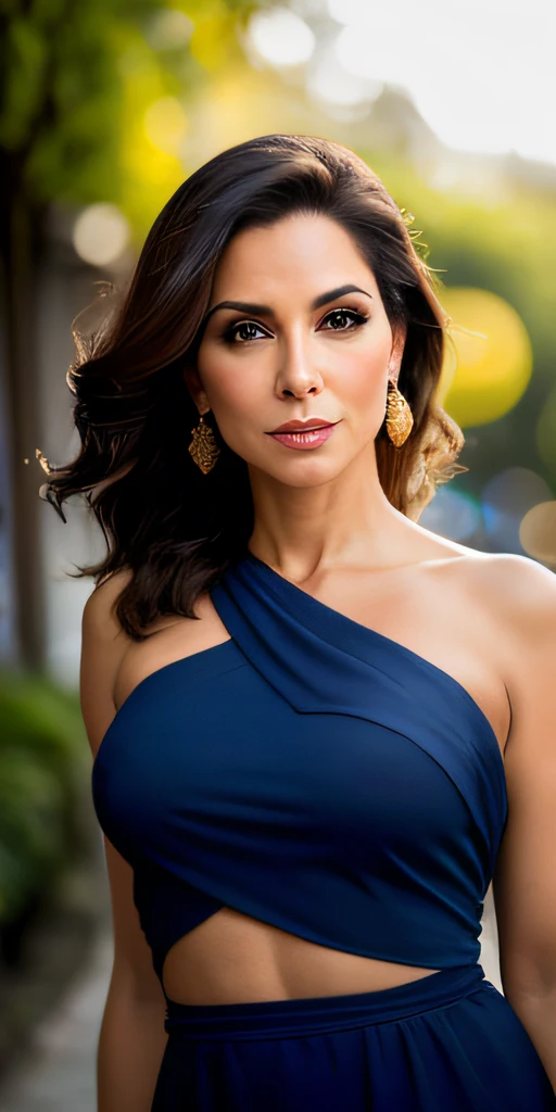 (25 anos) mulher, foto para perfil de redes social, fotos tipo profissional, ivete sangalo, standing at the park, vestindo uma (blusa de chiffon::1.2), foto sonhadora, dramatic pose, staring directly at camera, olhar intenso, sorriso leve, retrato, textura de pele detalhada, bela paisagem, pintura de andre kohn. Intrincado, 8k, altamente detalhado, ((square jawline)), (well defined jaw), hiperrealista,