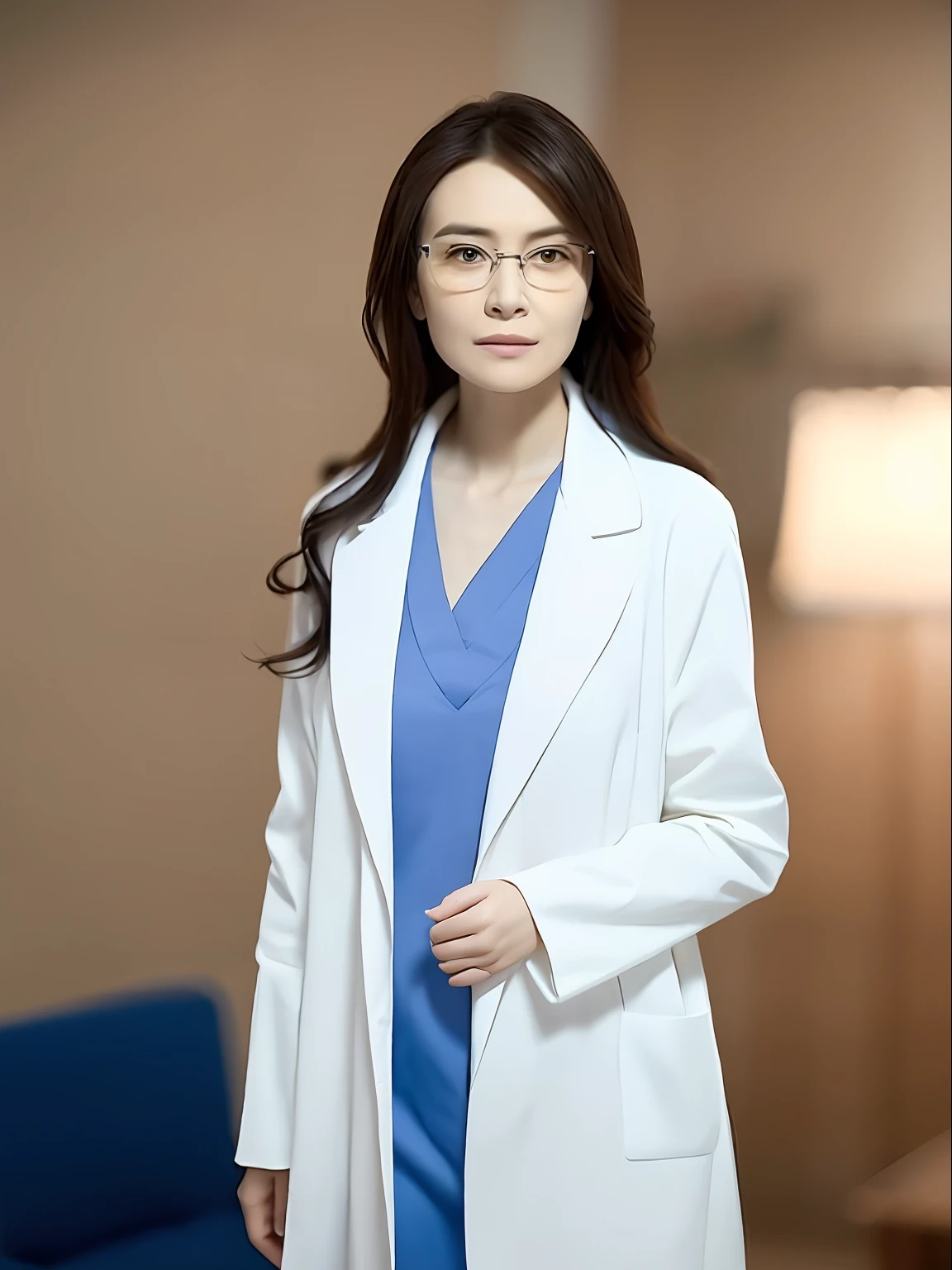 Best quality, Masterpiece, 超高分辨率, RAW photo, (Photorealistic:1.4), Woman with rimless glasses, Doctor white coat, (Narrow waist:1.2), Long hair, in a hospital, Bokeh, Beautiful lighting