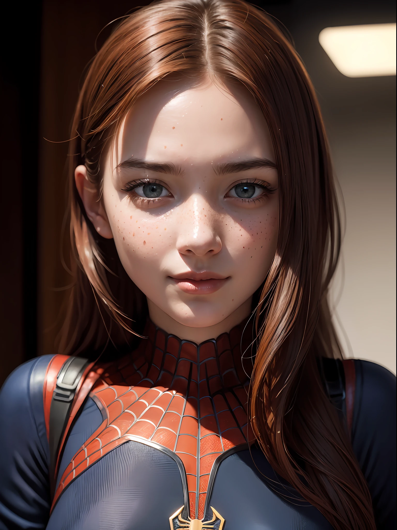 extremely detailed CG,UHD wallpaper, Extreme details,(realistic:1.2),(((best quality))), ((ultra-detailed)), (cute detailed face:1.2), {{highly detailed face}},beautiful and aesthetic,1girl,(masterpiece:1.4),glowing skin,dramatic shadows, intense shadows, SIGMA 35mm F1.4, ISO 200 Shutter Speed 2000,Photorealism,{photorealistic}, photogenic, Girl, finely detailed,HIGH RES, {{intricate detail}},(((beautiful detailed lighting))),beautiful detailed colorful eyes, best quality, 1girl, masterpiece, best quality, 8k, detailed skin texture, detailed cloth texture, beautiful detailed face, intricate details, ultra detailed, european youth, european beauty, Spider-Man uniform, straight red hair, freckles, room hotel, on the floor, walk on all four, erotic smile