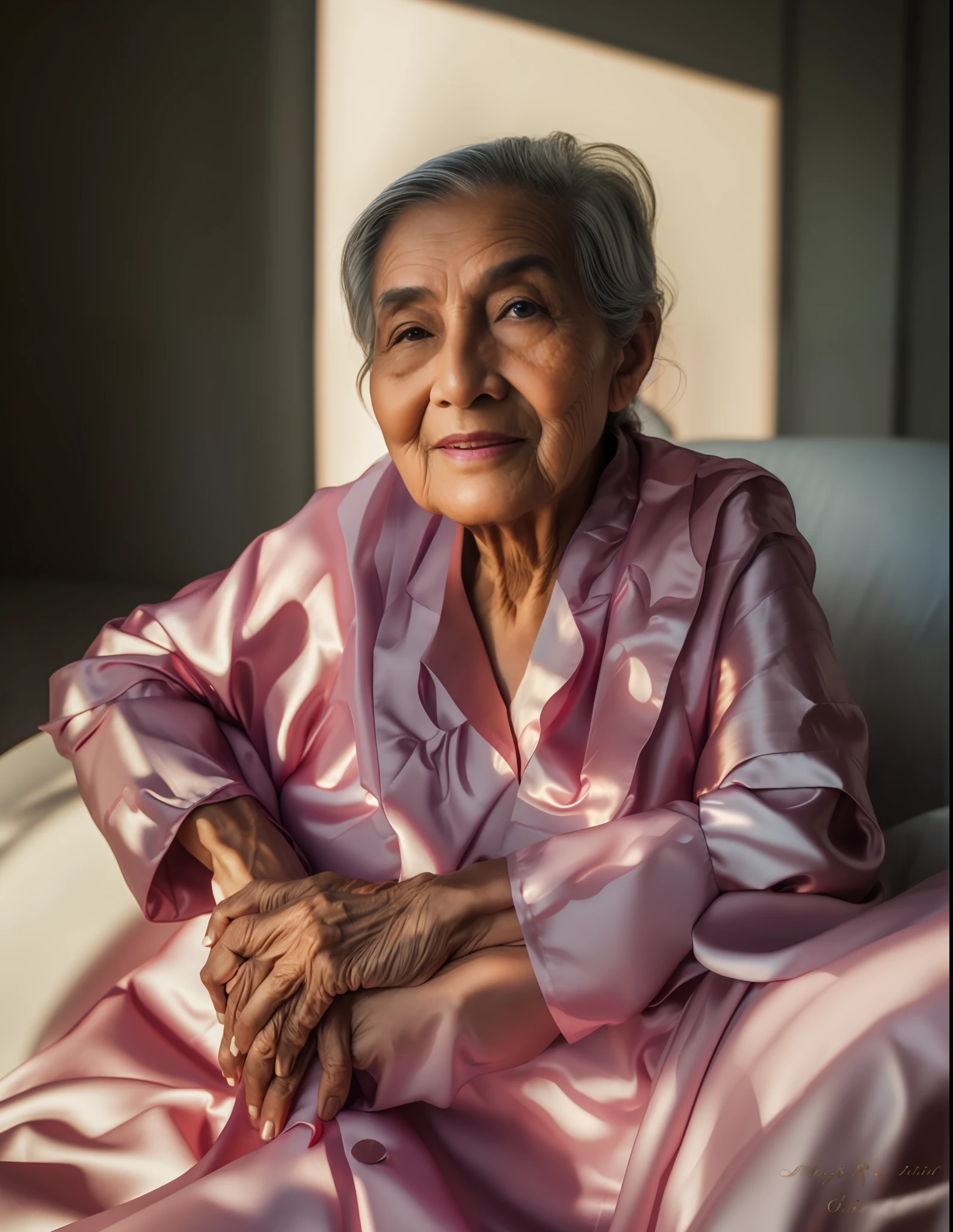 ((masterpiece)), ((best quality)), ((super realistic)), high detail, Color portrait of an old woman, Melasma , wearing satin, facial lighting, cinematic lighting