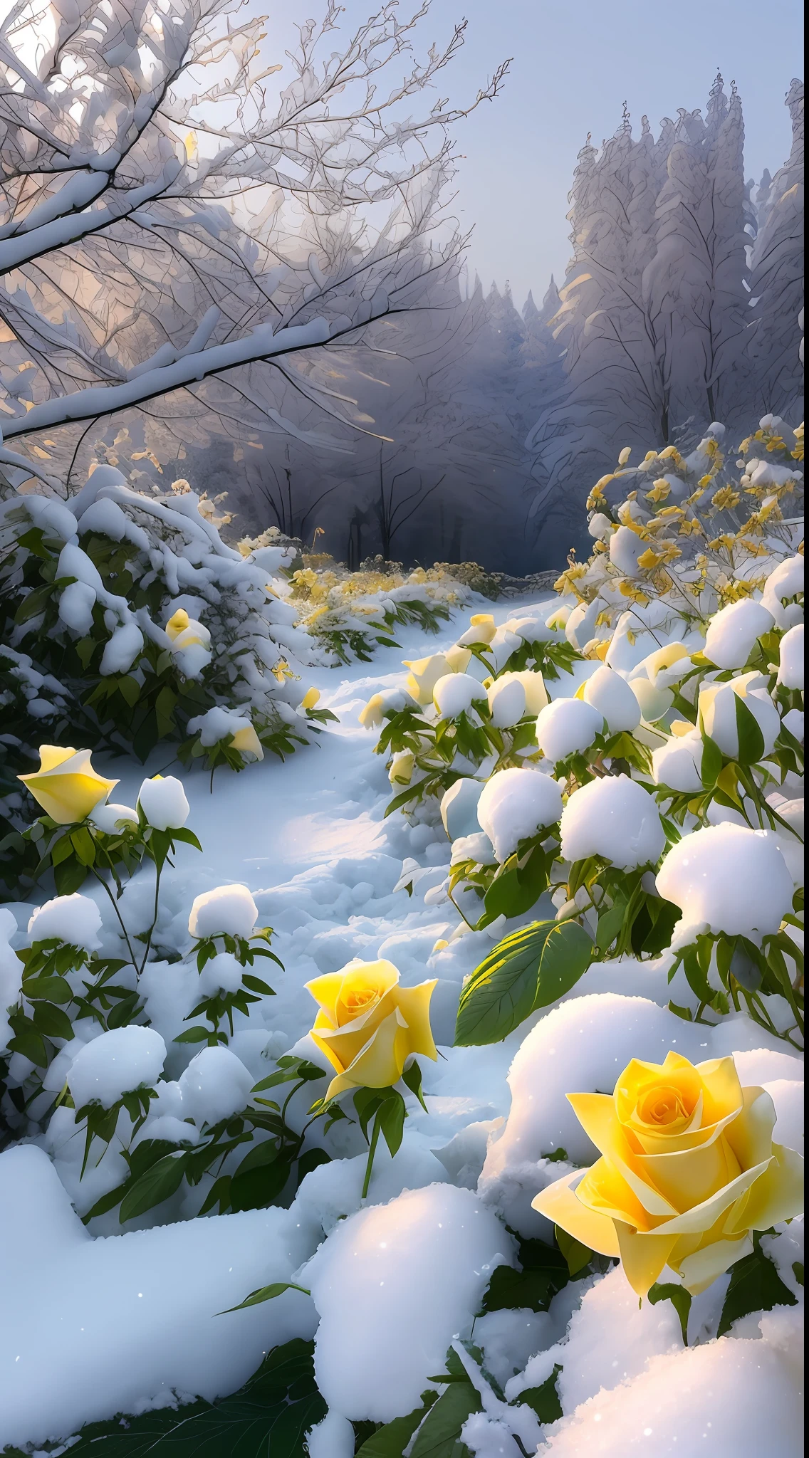 There is a clump of yellow roses covered in snow, Covered with snow, winter setting, with frozen flowers around her, Winter in the snow, soft light of winter, Gentle snow, with soft bushes, Flowers with green leaves,glowing snow, Incredibly beautiful, winter vibrancy, snow glow, roses in cinematic light, Cold but beautiful, warm beautiful scene, Beautiful wallpaper, Beautiful composition