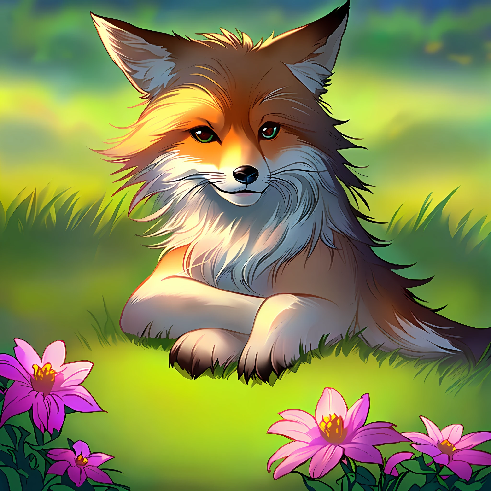 Beautiful fox, eyes open, smiling, grass, flowers, and good lighting
