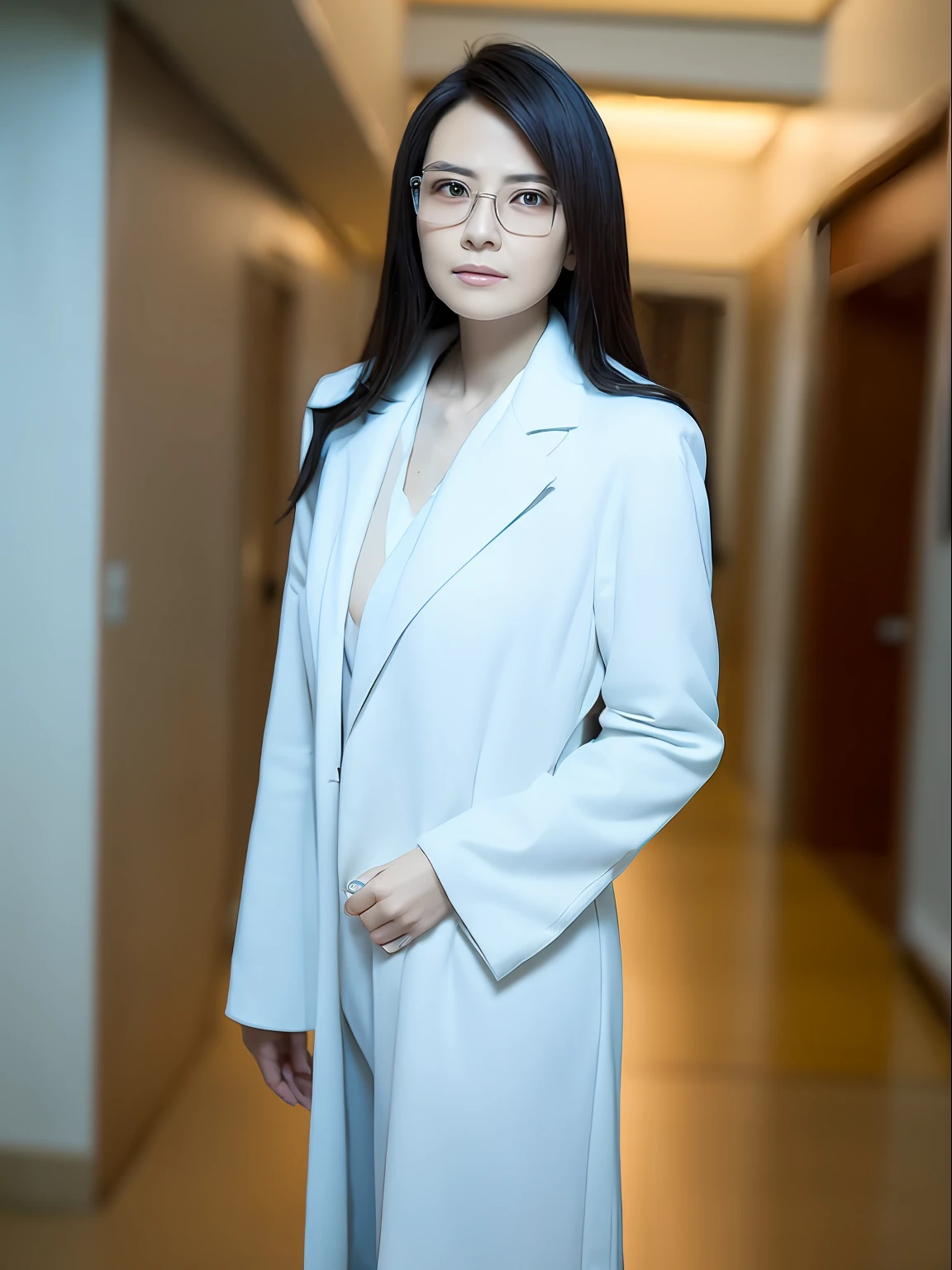 Best quality, Masterpiece, 超高分辨率, RAW photo, (Photorealistic:1.4), Woman with rimless glasses, Doctor white coat, (Narrow waist:1.2), Long hair, In a hospital, Bokeh, Beautiful lighting