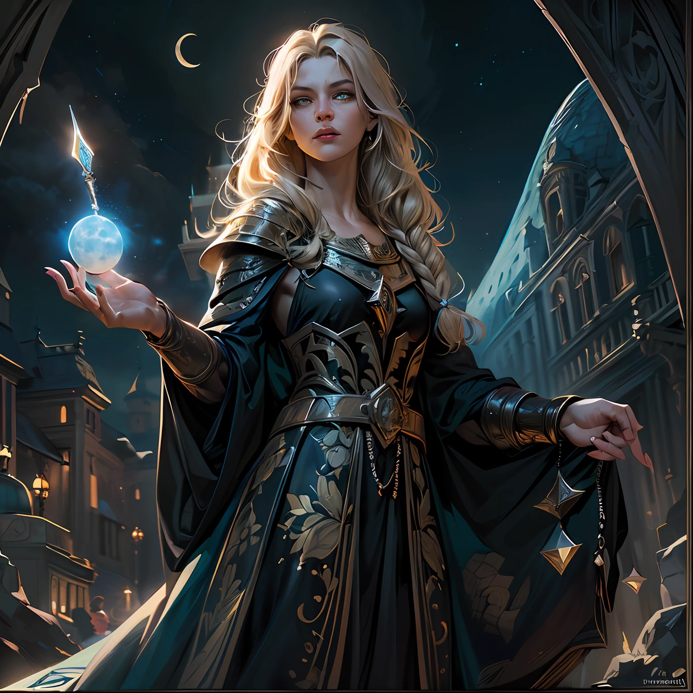 high details, best quality, 8k, [ultra detailed], masterpiece, best quality, (extremely detailed), ultra wide shot, photorealistic, fantasy art, dnd art, rpg art, realistic art, an ultra wide picture of female human cleric, holding a spear, wearing black cloak, black robe with stars sigils (intricate details, Masterpiece, best quality: 1.5), holy symbol casting a spell (intense details, Masterpiece, best quality: 1.6), yellow magical sigils in the air (intricate details, Masterpiece, best quality: 1.5) white magical sigils (intricate details, Masterpiece, best quality: 1.5),  wearing black armor, plate mail armor (intricate details, Masterpiece, best quality: 1.5), stars and moon symbol, blue light from symbol, blond hair (intricate details, Masterpiece, best quality: 1.5), long hair, braided hair, small, intense eyes, green eyes, moon and strars background, ((divine worship atmosphere)), moon light high details, best quality, highres, ultra wide angle