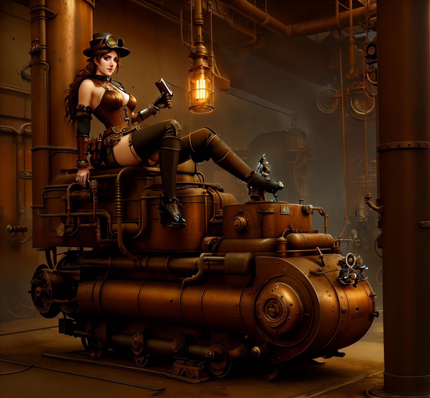 steampunk, female sitting on mechanical himp, futuristic, rusted