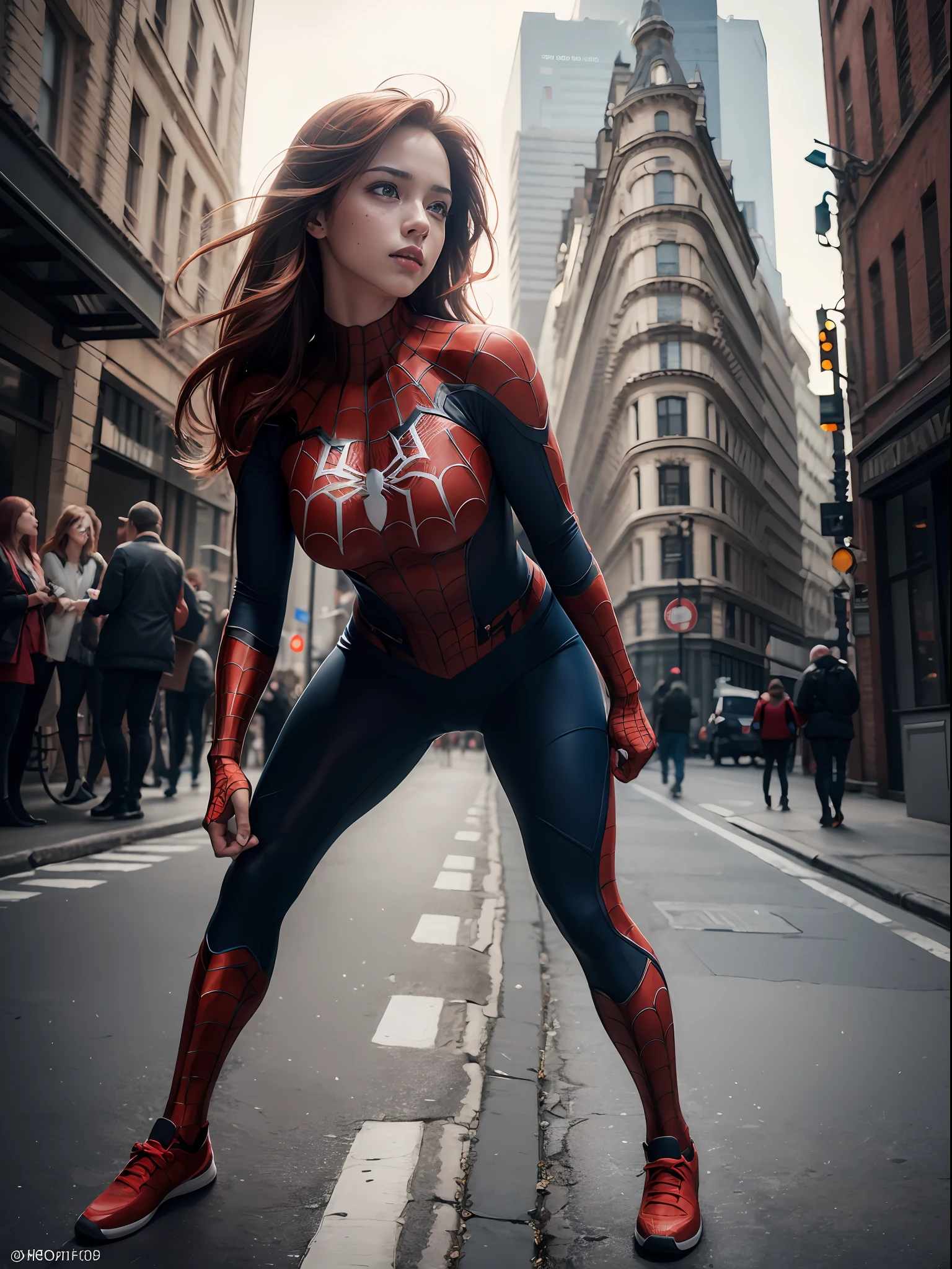 extremely detailed CG,UHD wallpaper, Extreme details,(realistic:1.2),(((best quality))), ((ultra-detailed)), (cute detailed face:1.2), {{highly detailed face}},beautiful and aesthetic,1girl,(masterpiece:1.4),glowing skin,dramatic shadows, intense shadows, SIGMA 35mm F1.4, ISO 200 Shutter Speed 2000,Photorealism,{photorealistic}, photogenic, Girl, finely detailed,HIGH RES, {{intricate detail}},(((beautiful detailed lighting))),beautiful detailed colorful eyes, best quality, 1girl, masterpiece, best quality, 8k, detailed skin texture, detailed cloth texture, beautiful detailed face, intricate details, ultra detailed, european youth, european beauty, Spider-Man uniform, straight red hair, freckles, (full body:1.5), new york streets, atmospheric perspective
