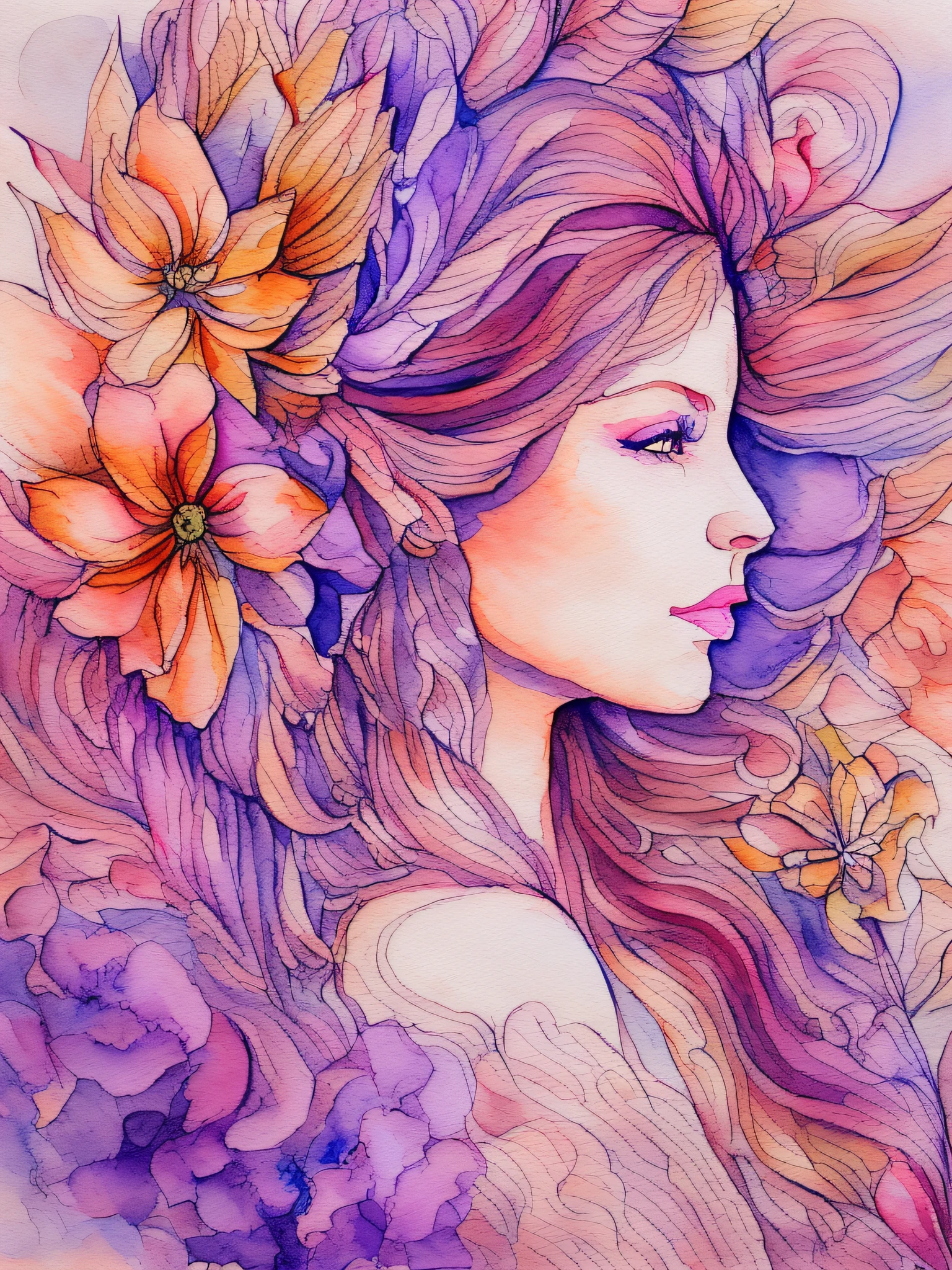 ( watercolour \(medium\),    IrisCompiet:1.4),painting of a woman, from side, Abstract background, zentangle, s fractal art, lots of flowers, Colorful, feathers, petals, Flowers, earings