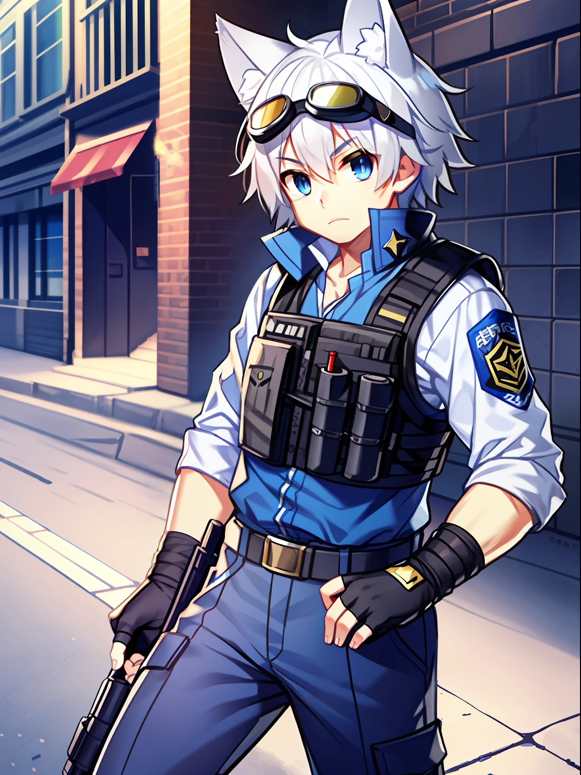 Game CG,(younge boy),(juvenile sense),Short silver hair,Wolf ears,Slim figure,Wolf tail,Battle damage,goggles,Fingerless gloves,Hold a pistol,Secret Service Group,Police uniform,Uniform trousers,tactical vest,Blue dye,Tactical belt,Heavy machine boots,Fight,Run,Bright light,the street