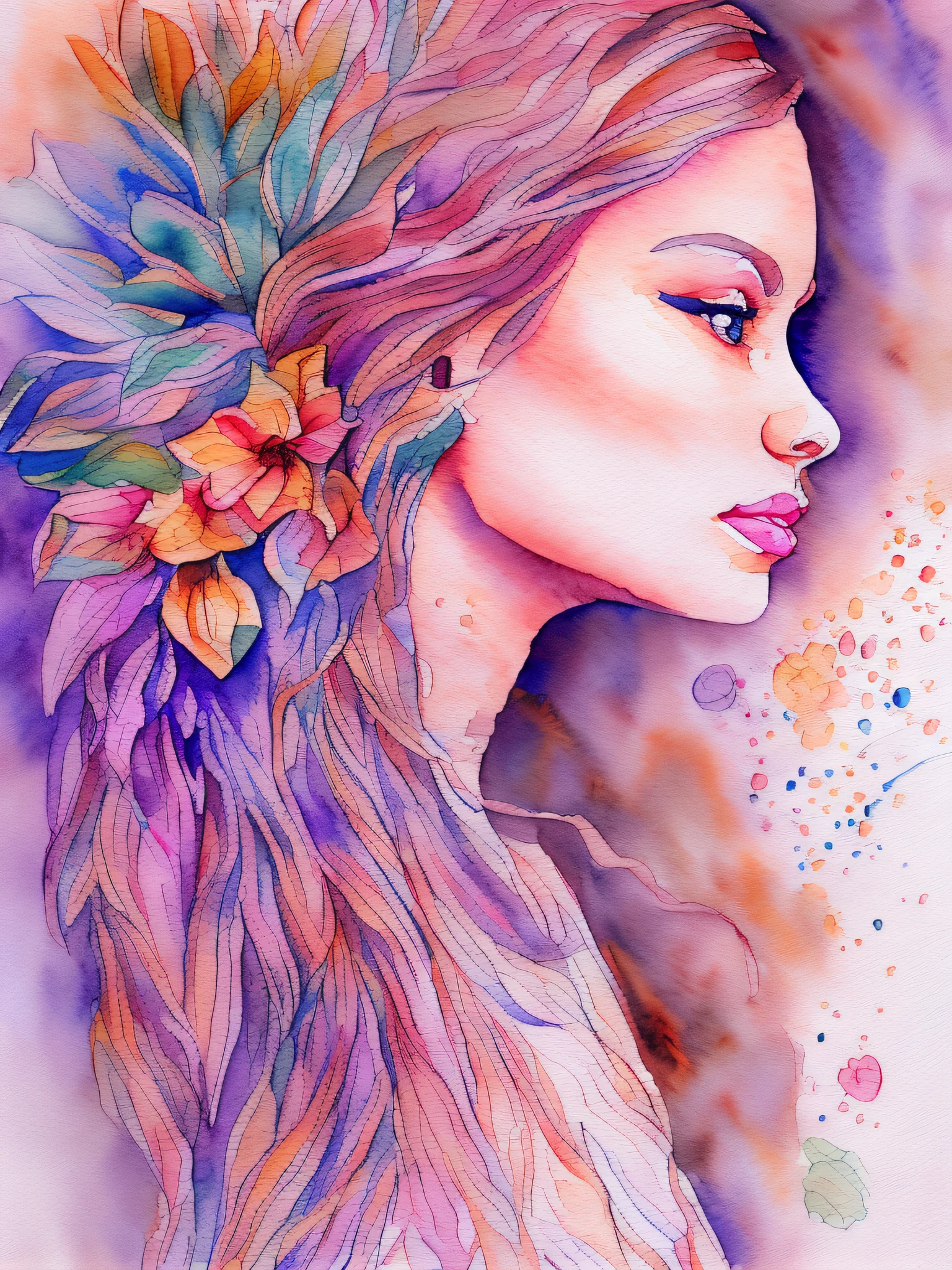 ( watercolour \(medium\), IrisCompiet:1.4),painting of a woman, from side, Abstract background, zentangle, s fractal art, lots of flowers, Colorful, feathers, petals, Flowers, earings
