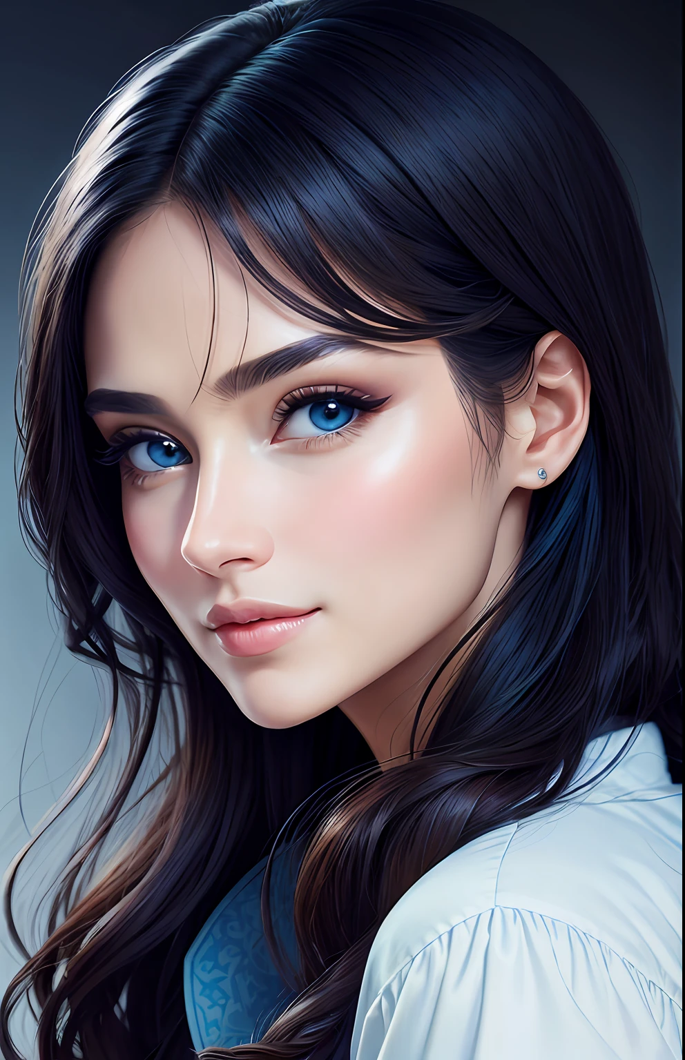 animesque、portraitures、One Person２０Pretty Woman、Moisturized eyes、Casual clothing、a picture、oval jaw、beautiful countenance、The hair、Blue eyes with a beautiful glow、LDS Art