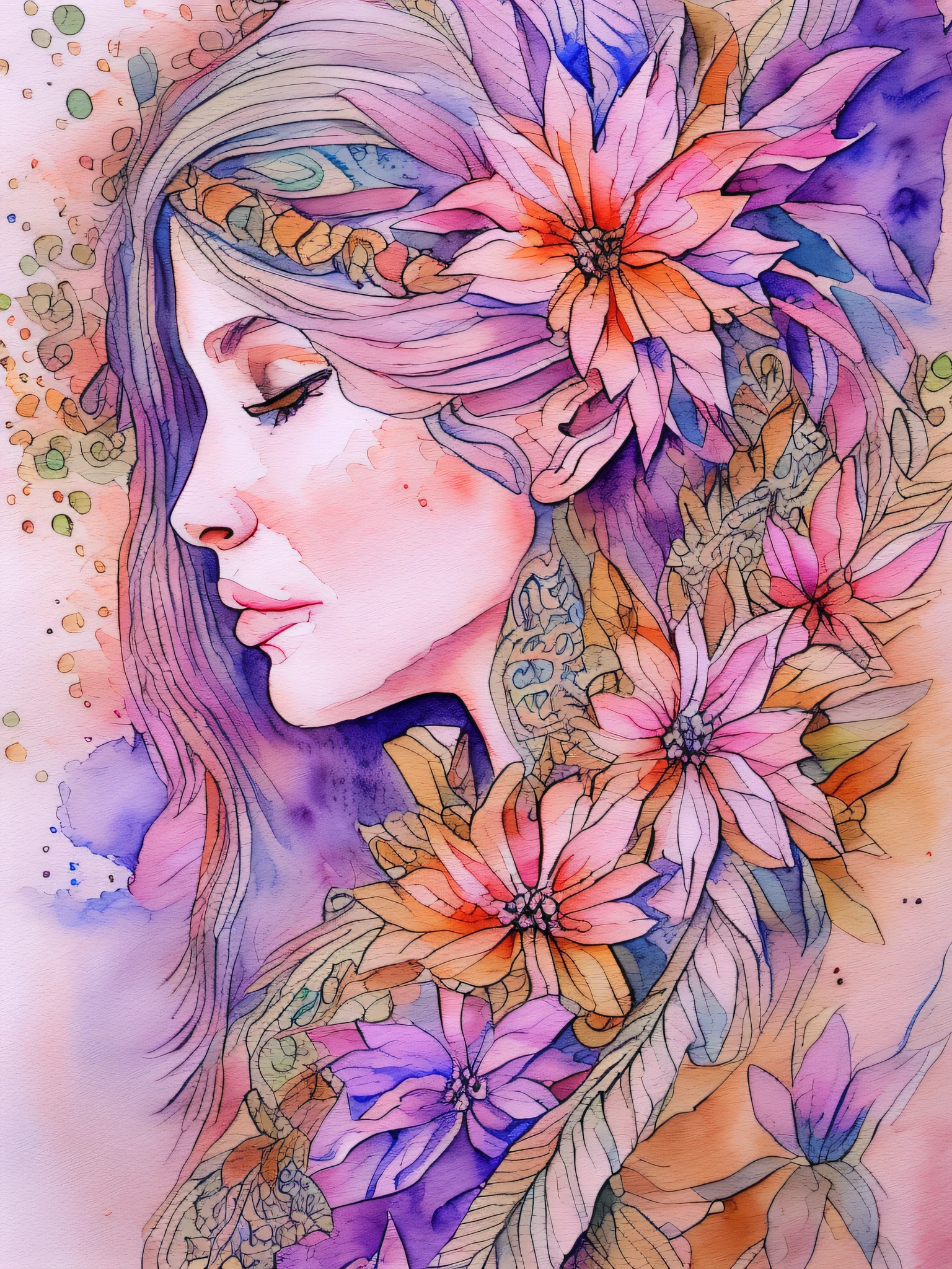 ( watercolour \(medium\),    IrisCompiet:1.4),painting of a woman, from side, Abstract background, zentangle, s fractal art, lots of flowers, Colorful, feathers, petals, Flowers, earings