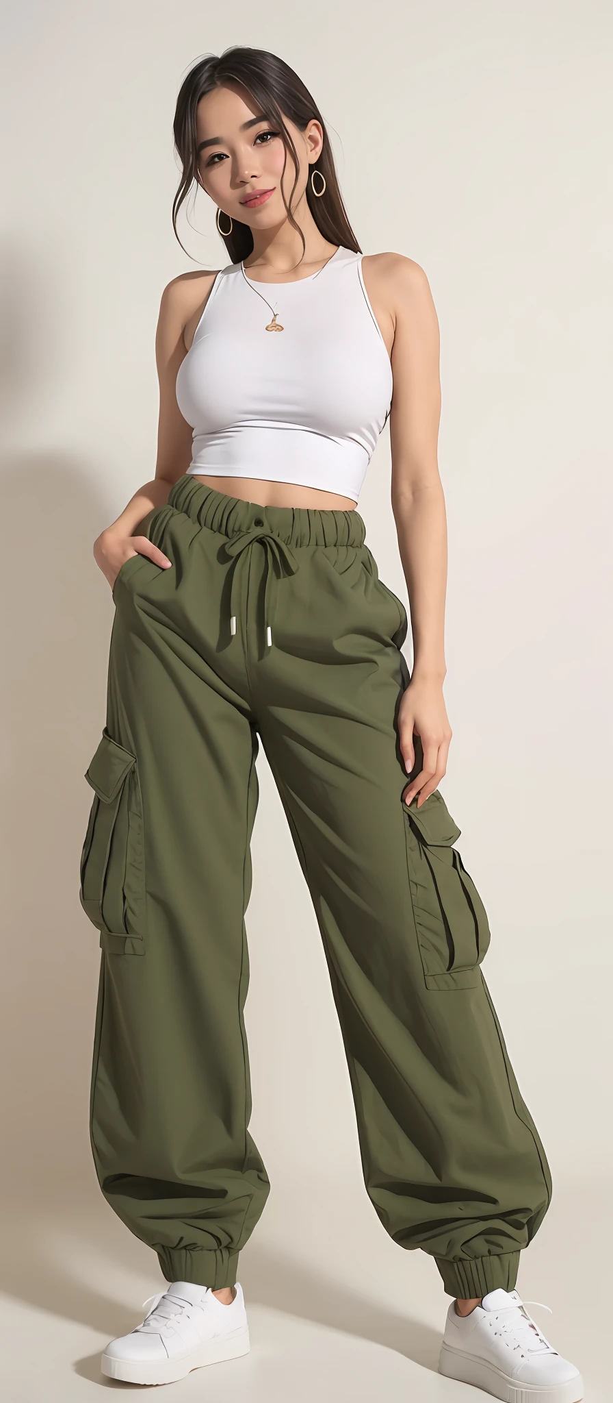 a woman in a white top and green pants posing for a photo, Olive pants, wearing cargo pants, military pants, baggy pants, large pants, cargo pants, high waist sweatpants, azeitona, Pants, frouxamente cortado, vestindo um baggy, 😭 🤮 💕 🎀, 🤬 🤮 💕 🎀, com dois bolsos frontais, Directed by: Lee Jeffreis.