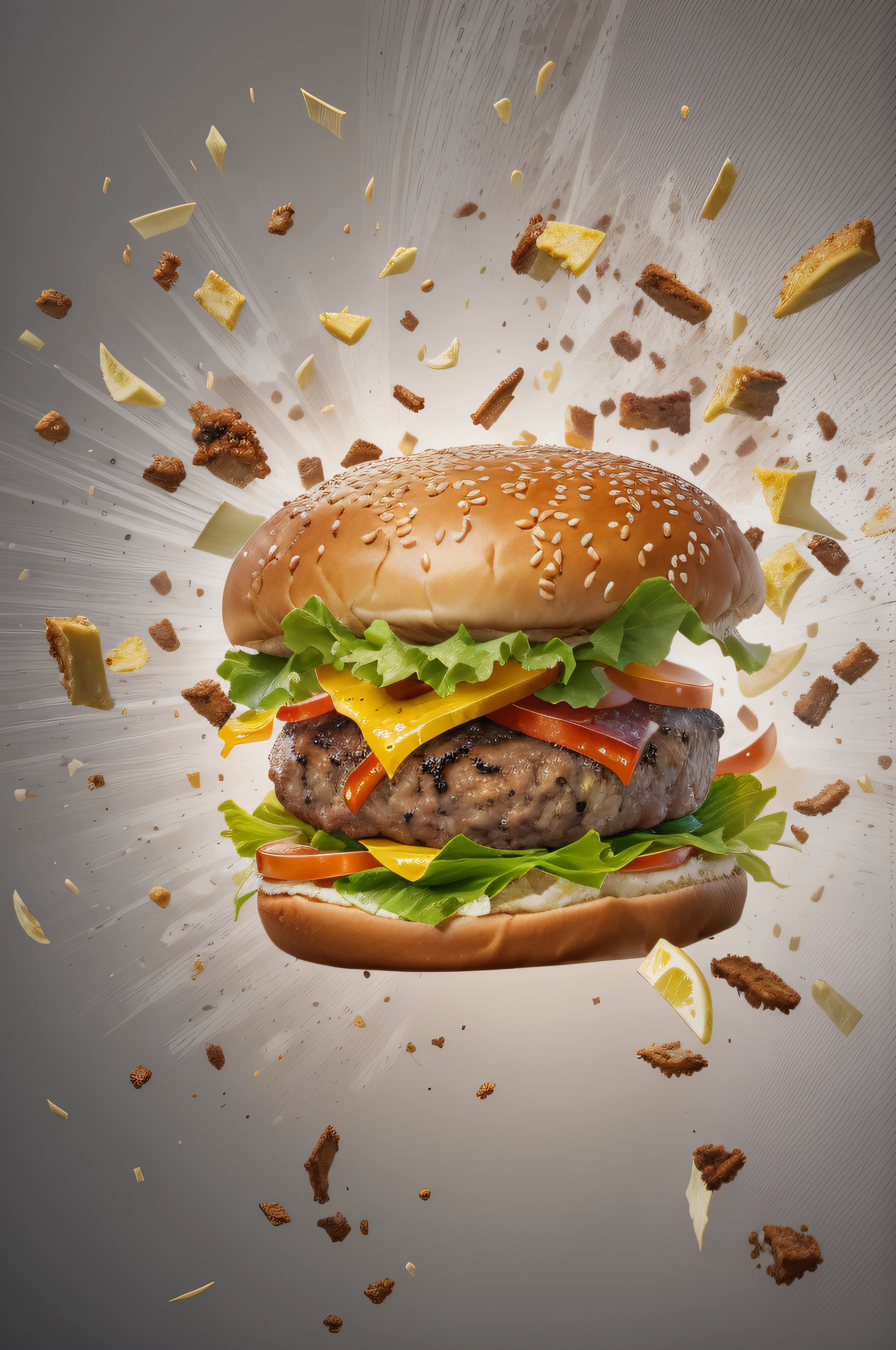 A burger falling in pieces juicy, tasty, hot, promotional photo, intricate details, hdr, cinematic, adobe lightroom, highly detailed