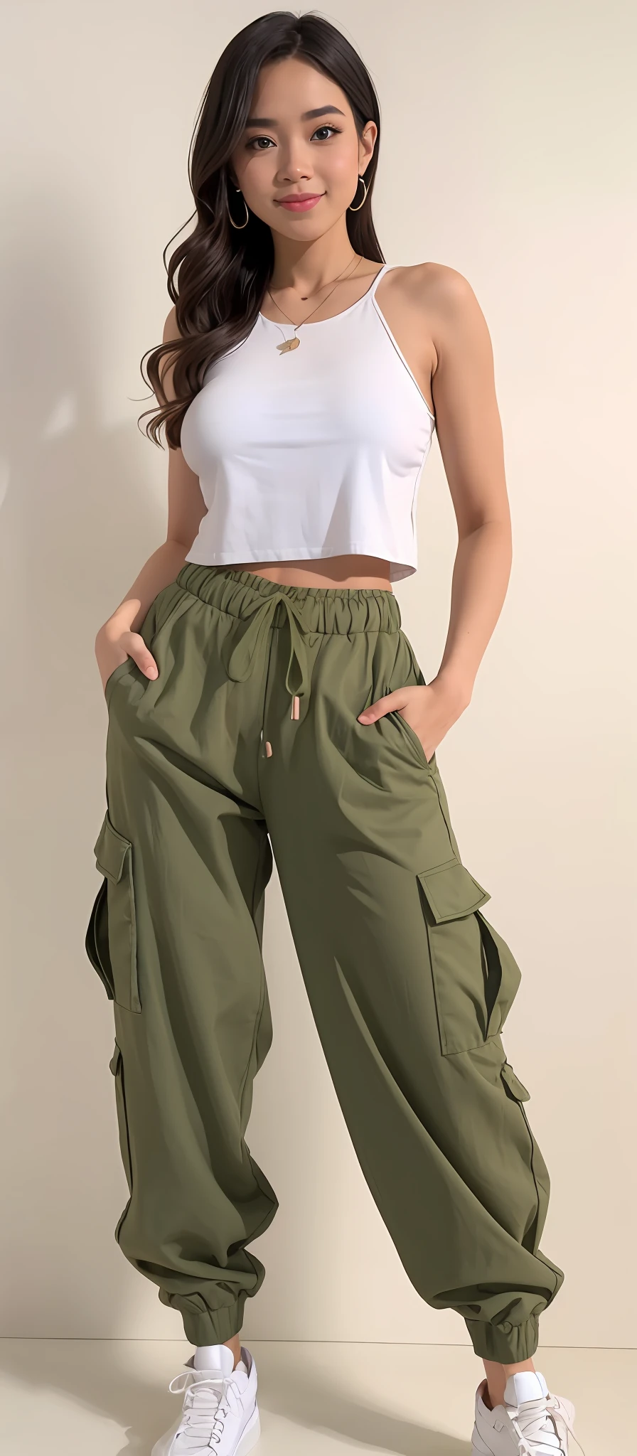 a woman in a white top and green pants posing for a photo, Olive pants, wearing cargo pants, military pants, baggy pants, large pants, cargo pants, high waist sweatpants, azeitona, Pants, frouxamente cortado, vestindo um baggy, 😭 🤮 💕 🎀, 🤬 🤮 💕 🎀, com dois bolsos frontais, Directed by: Lee Jeffreis.