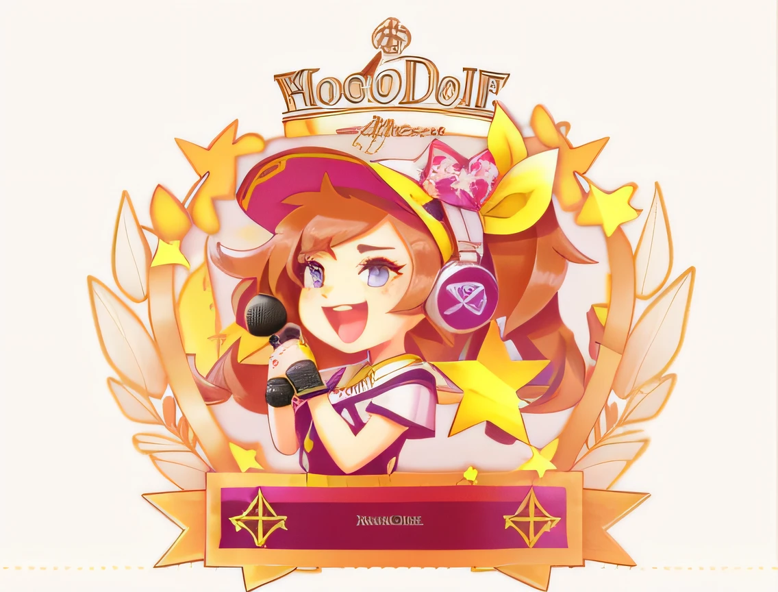 Beautiful woman holding cartoon microphone with ribbon and game banner, kda, singing for you, Musical performance, Official artwork, pictogram, emblem, Middle Metaverse, vocal, heartthrob, 3 d icon for mobile game, game icon asset, 8K!!, singers, Soul singer, game icon stylized, Inspired by Song Maojin