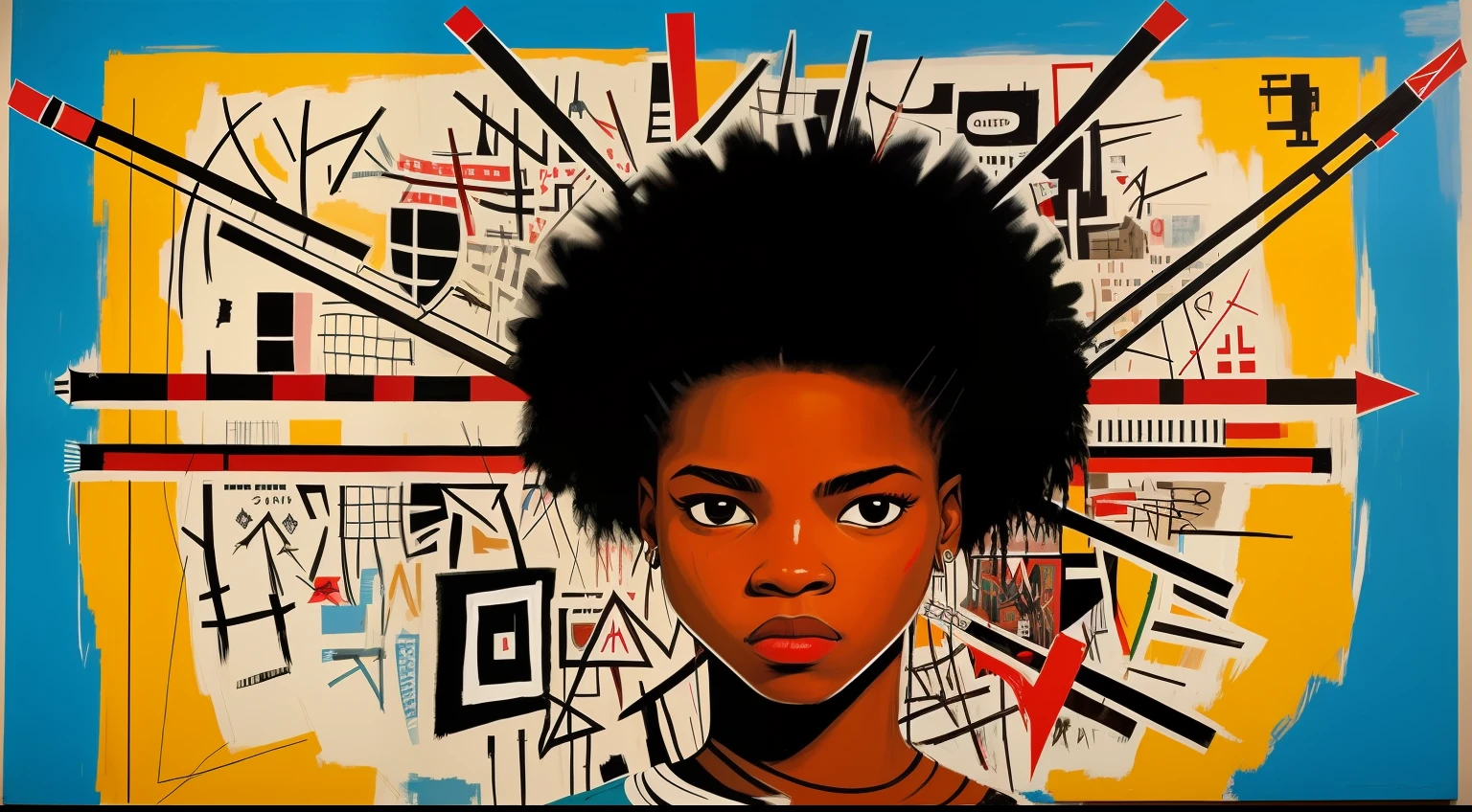 1girl in、Basquiat's paintings、artworks、an extremely devious and beautiful、Bows and arrows