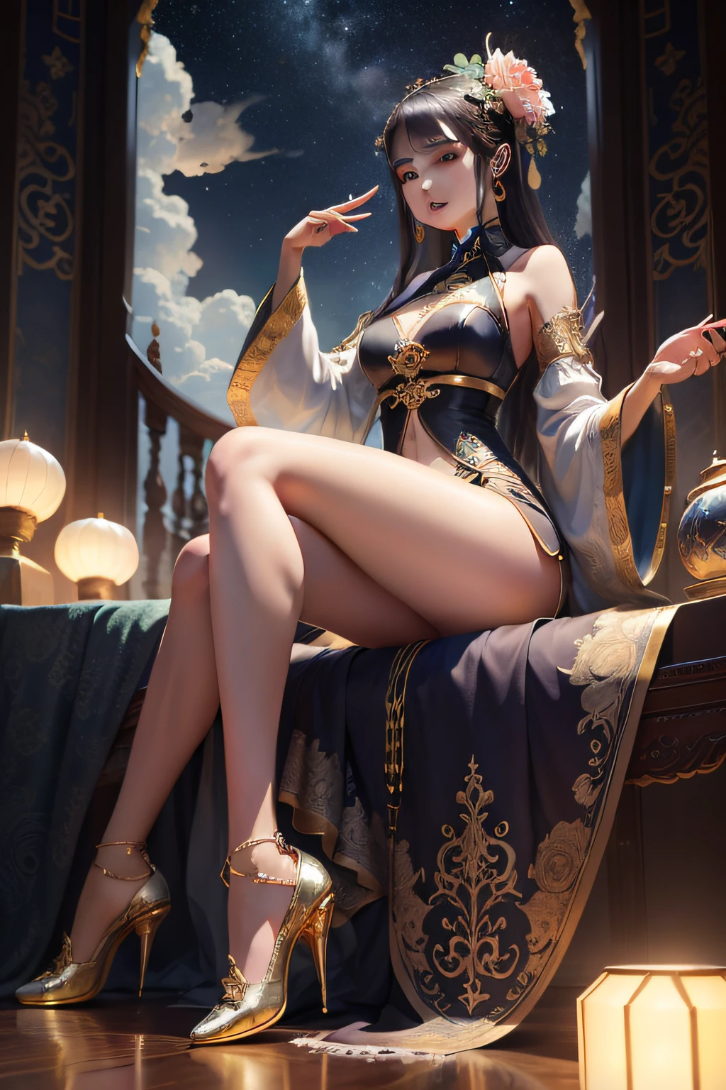 A stunning take on heels sneakers, made of jellyfish, ads, solarpunk, highly detailed and intricate, Golden ratio, Very colorful, hypermaximalist, opulent, luxury goods, Gorgeous crystal palace, CG rendering European style, Overlooking, children's storybook, rose surround, Efeito de Luz, Heavenly, Starry sky, Super detail, illustration, 8K, illusory engine, ethereal cloud, with long legs and jade feet,The face is clear,Qianqianyu finger