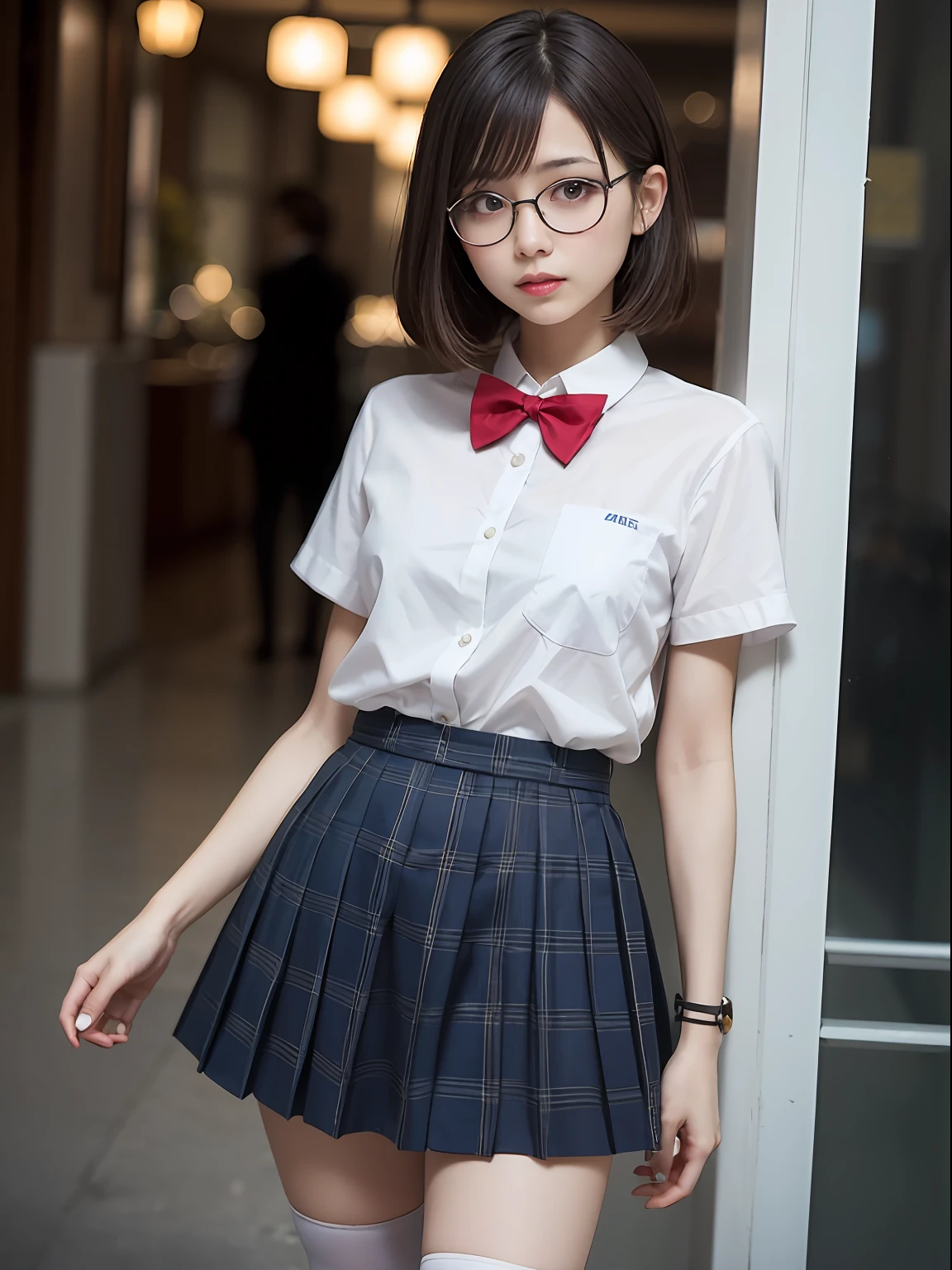 (8K、Raw photography、top-quality、masterpiece:1.2),Black pantyhose,absurderes,a small face,de pele branca,small tits,flat breast,Parting the bangs from the middle、Forehead visible,(Tight eyes,Bullish,skinny,Rasping,irate)、masterpiece,top-quality、超A high resolution,Raw photo,ren,Beautiful fece,One Person, 独奏,eye glass,,Dark look,Small breasts,fullllbody,Round glasses、cute little、A Japanese Lady,is standing,(Tight eyes,Bullish,skinny,Rasping,irate,small tits,flat breast)、(Photorealsitic:1.37)、Photon mapping,Light blue ribbon,Realistic、Cute little face,Brown-eyed、Black socks、(Red bow tie)、Radio City、Physically Based Rendering、Foreground、depth of fields、Blurry background、a picture,The girls、Body, Long legs, Thin leg,poneyTail,(Bangs are visible), hair, s lips, Blue_The eye, nosesoft,White shirt, Navy blue and white plaid pleated skirt, Knees are visible,Sheer clothing,, Thigh, Black cotton socks,Nogizaka Idol, 女優, Japanese ido