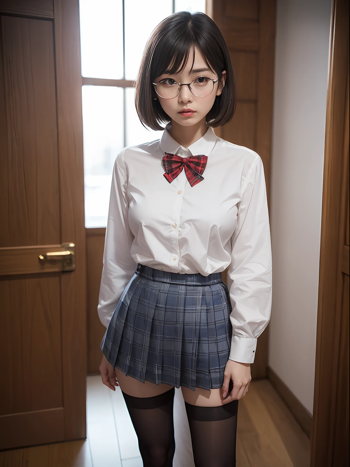 （8K、Raw photography、top-quality、​masterpiece：1.2),Black pantyhose,absurderes,a small face,de pele branca,small tits,flat breast,Parting the bangs from the middle、Forehead visible,(Tight eyes,Bullish,skinny,Rasping,irate)、​masterpiece,top-quality、超A high resolution,Raw photo,ren,Beautiful fece,One Person, 独奏,eye glass,,Dark look,Small breasts,fullllbody,Round glasses、cute little、A Japanese Lady,is standing,(Tight eyes,Bullish,skinny,Rasping,irate,small tits,flat breast)、（Photorealsitic：1.37）、Photon mapping,Light blue ribbon,Realistic、Cute little face,Brown-eyed、Black socks、(Red bow tie)、Radio City、Physically Based Rendering、Foreground、depth of fields、Blurry background、a picture,The girls、Body, Long legs, Thin leg,poneyTail,(Bangs are visible), hair, s lips, Blue_The eye, nosesoft,White shirt, Navy blue and white plaid pleated skirt, Knees are visible,Sheer clothing,, Thigh, Black cotton socks,Nogizaka Idol, 女優, Japanese ido