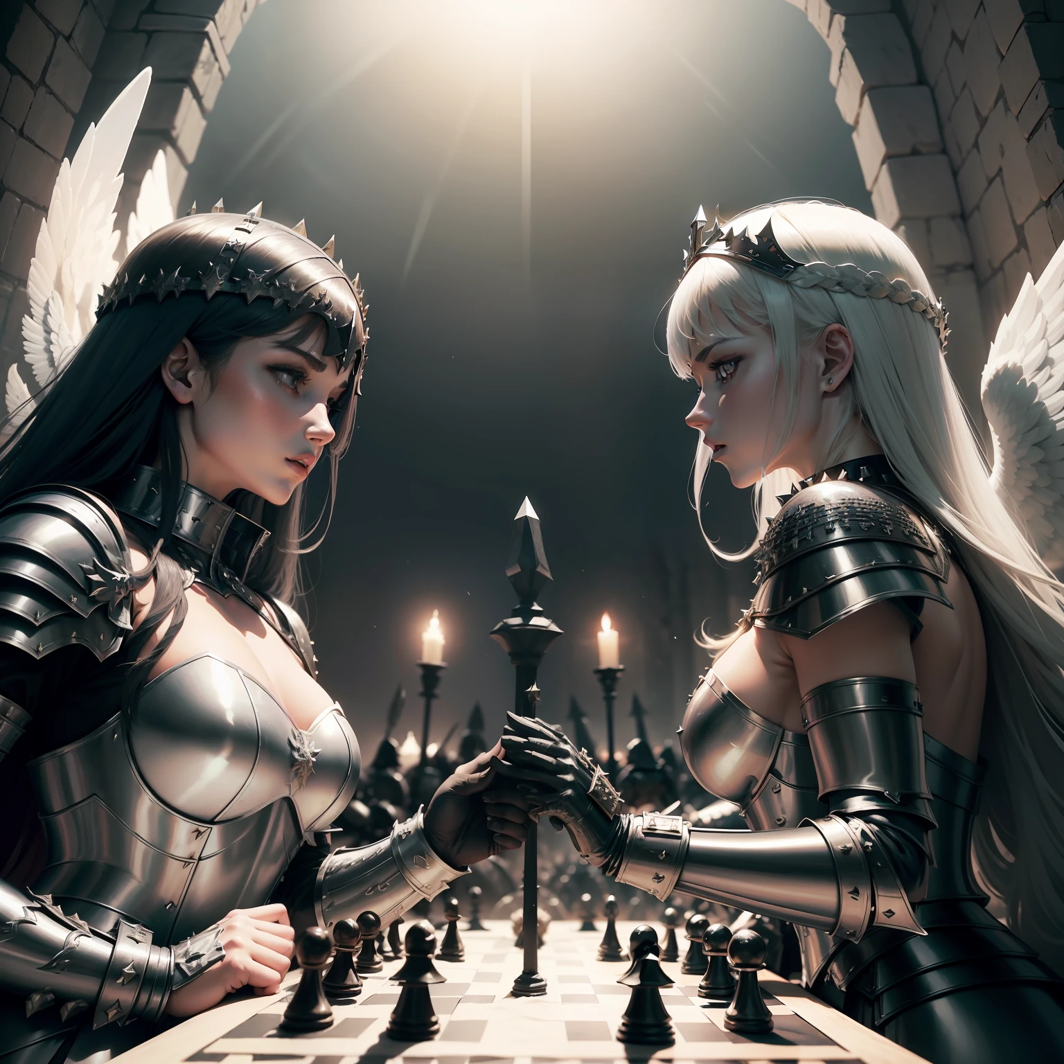 medieval fantasy battlefield, ( on left: crowded army, white silk uniforms, Angel Queen), ( on right: Devile Queen, crowded army , black studded armors) (((both sides fighting))), dynamic poses, perspective from sky, with a strong sense of three-dimensional, very detailed, multi-point perspective, perspective from above, battlefield good vs evil on chess board