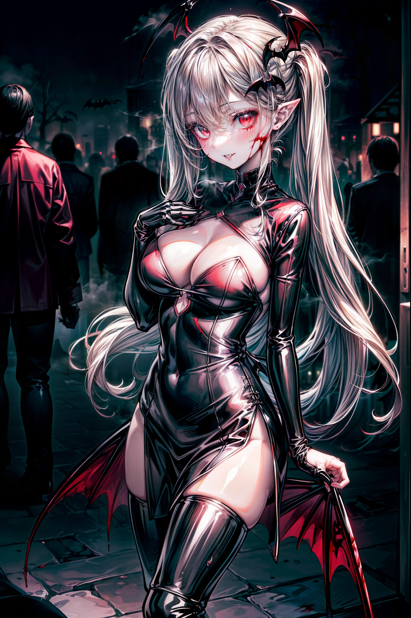 ((masterpiece, best quality, extremely detailed CG, unity 8k wallpaper,anatomically correct,ultra resolution)),Award-winning photography,(best illumination,Very Delicate and Beautiful),(one girl,solo,loli:1.5),(Vampire:1.5),silver hair,(twintails:1.2),glowing red eyes,(pale skin:1.4),(extremely beautiful and detailed face:1.2), (extremely beautiful and detailed eyes:1.2),perfect hands,delicate legs,((bat hair ornament)),(casual,fashion),pointy ears,((black latex gown:1.45,black latex thigh boots,black leather gloves)),looking at viewer,hand on own chest,head tilt,morbid smile,dark persona,evil,(cute:1.5),((night, dark atmosphere, dark theme, darkness:1.5)),dramatic shadows,(dimly lit:1.5),blood on face,blood on floor, blood on walls,(blood mist,blood splash:1.4),depth of field,(Bustling city:1.2,park:1.3,crowds of people:1.2), cloud, full moon, moon, moonlight, night sky, outdoors, blood moon, sky, star sky, starry sky,(perfect human body structure with maximum precision)