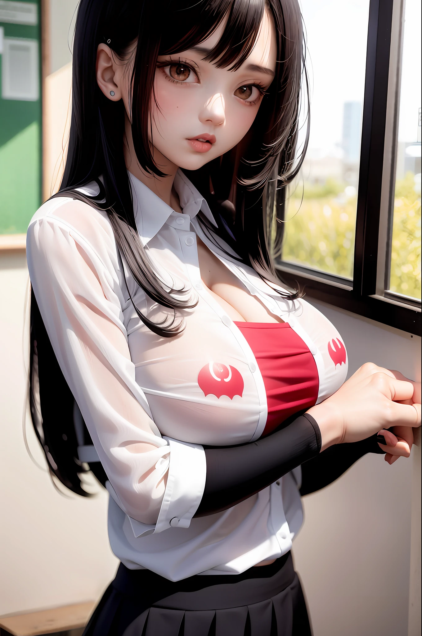 Long black hair girl with big boobs and a small hole in her bra