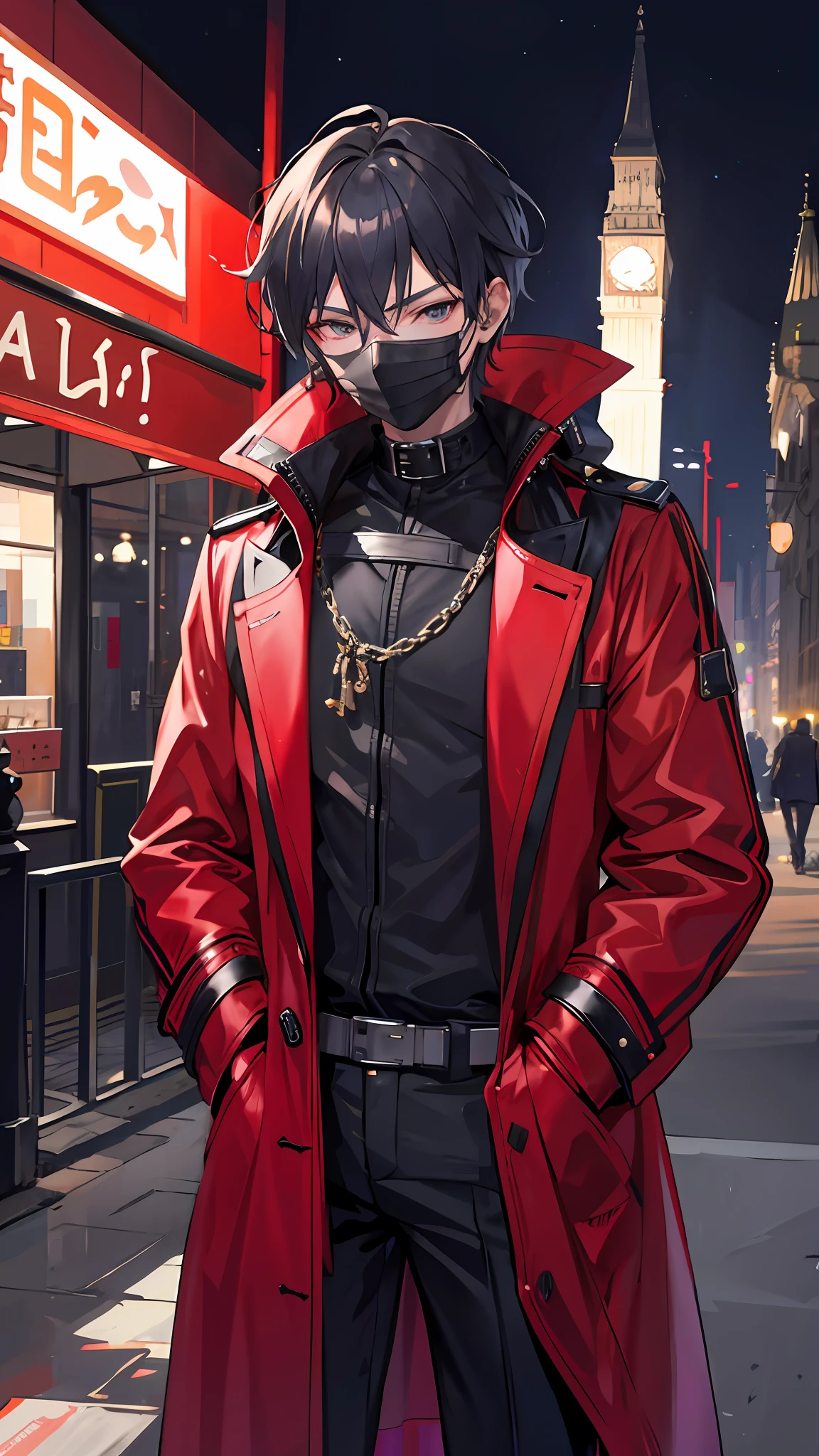 1boys，nightcity，Sateen，coat large，Put your hands in your pockets，Wearing a mask