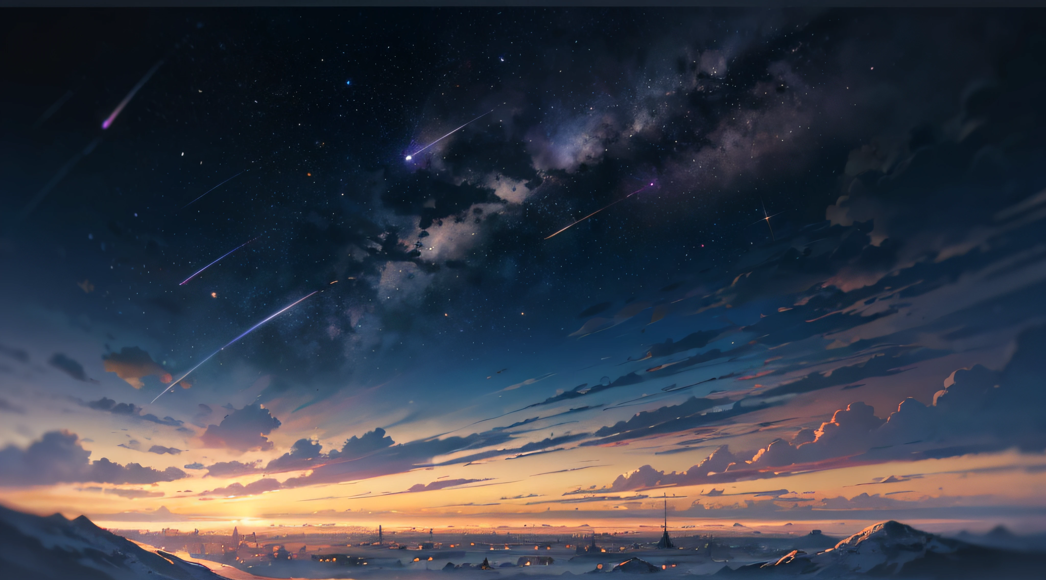 Expansive landscape photograph，（moon full：1.2），（meteors：0.9），（Starcloud：1.3），（Warm light source：1.2），（glowworm：1.2），lamp lights，Lots of purple and orange，Complicated details，Volumetriclighting，Realism BREAK（tmasterpiece：1.2），（best qualtiy），8K，Ultra-detailed，（dynamic compositions：1.4），The is very detailed，Colorful details，（Irridescent color：1.2），（luminouslighting，Atmospheric lighting），dream magical，magical，（独奏：1.2），（（best qualtiy））， （（tmasterpiece））， （the detail：1.4），depth of fields，maximum definition and sharpness，perfectly proportions，Fluttering clouds，Wallpapers