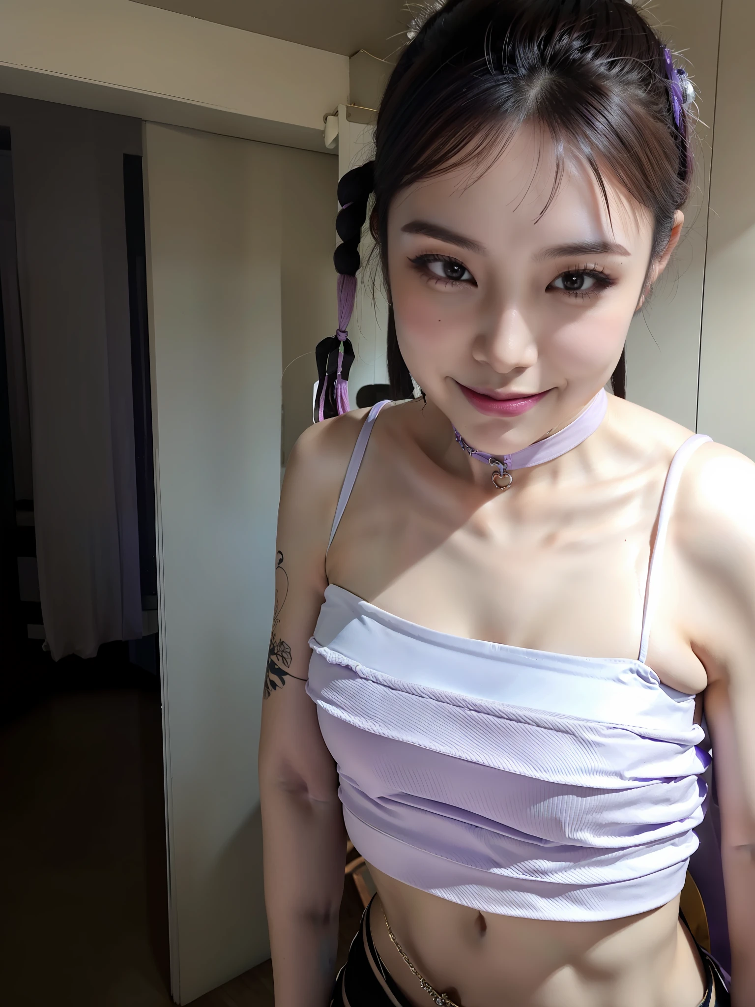 Korean girl,Bigchest,cleavage,cyber punk perssonage,Carved bandeau,Harnes,鎖骨,Slim waist,Abs,Tattooed with,choker necklace,eardrop,Purple smoky makeup,purple lips,Smile