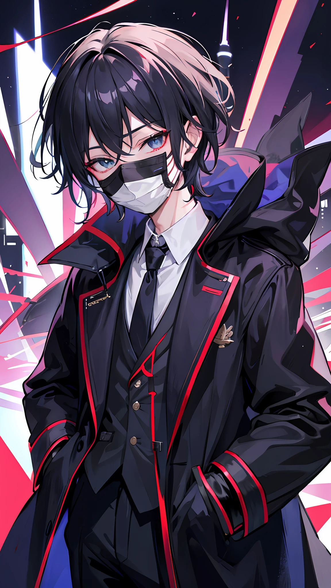 1boys，nightcity，Sateen，coat large，Put your hands in your pockets，Wearing a mask