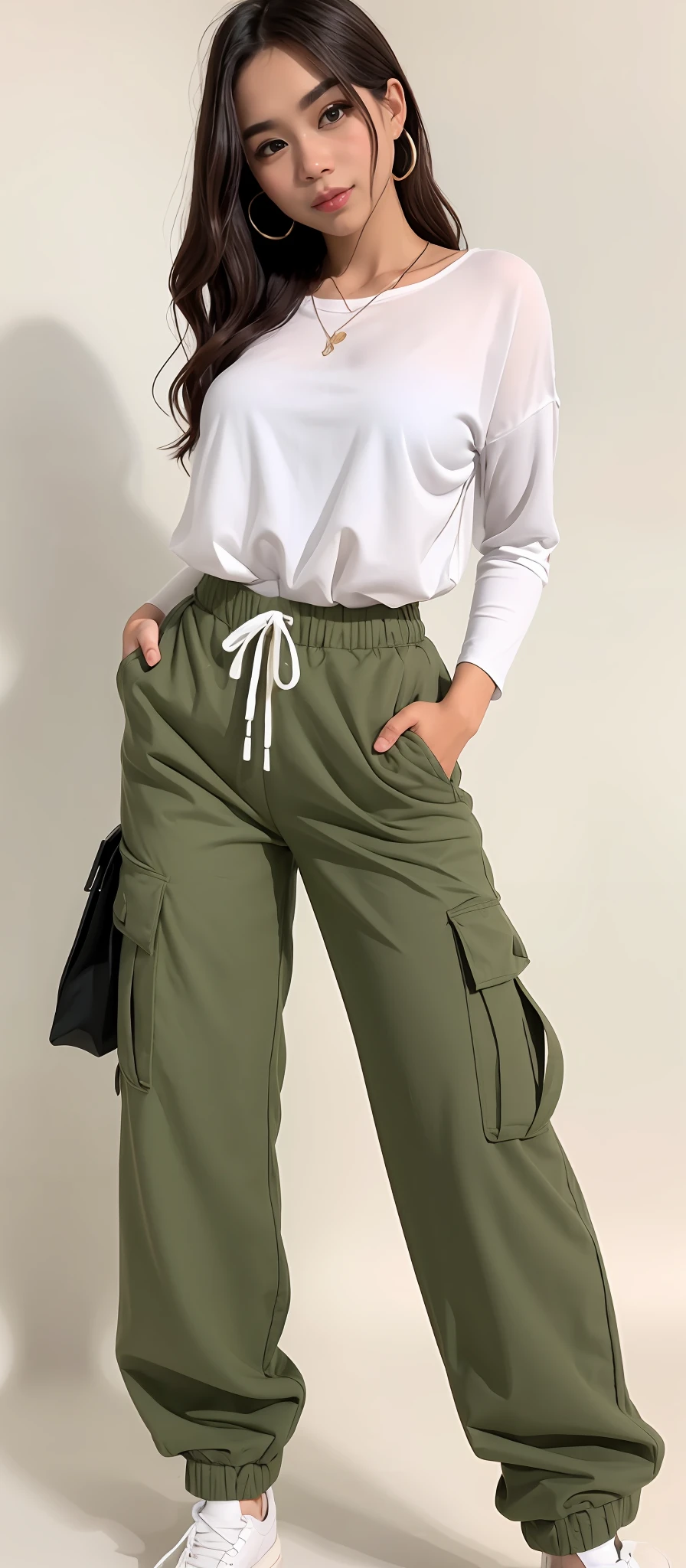 a woman in a white top and green pants posing for a photo, Olive pants, wearing cargo pants, military pants, baggy pants, large pants, cargo pants, high waist sweatpants, azeitona, Pants, frouxamente cortado, vestindo um baggy, 😭 🤮 💕 🎀, 🤬 🤮 💕 🎀, com dois bolsos frontais, Directed by: Lee Jeffreis.