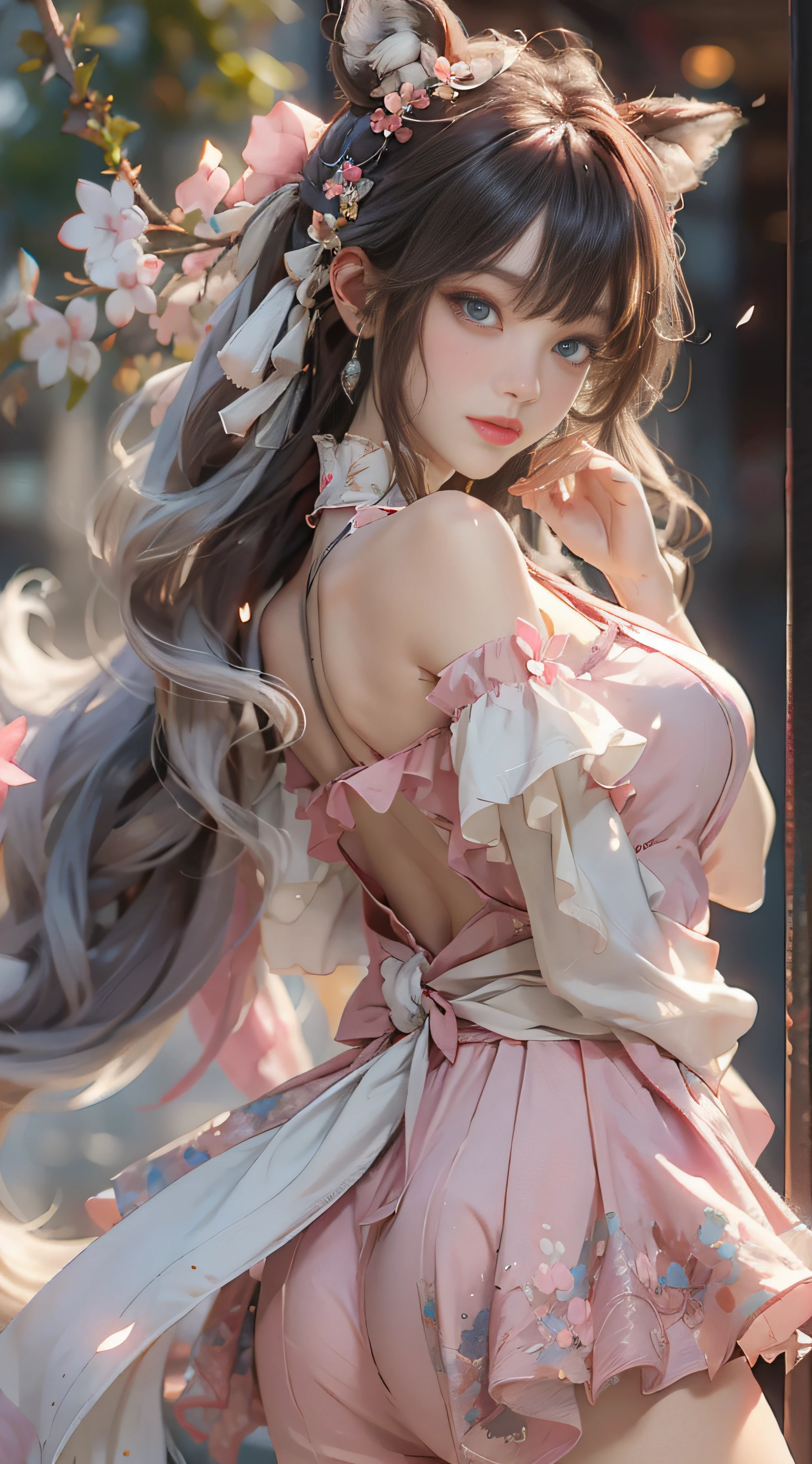 ((best qualtiy)), ((tmasterpiece)), (detail:1.4), Beautiful cyberpunk female images,hdr(HighDynamicRange),Ray traching,NVIDIA RTX,Hyper-Resolution,illusory 5,sub surface scattering,PBR textures,post-proces,Anisotropy Filtering,depth of fields,maximum definition and sharpness,Many-Layer Textures,Albedo e mapas Speculares,Surface coloring,Mitsu-Accurate simulation of material interactions,perfectly proportioned,rendering by octane,Two-colored light,largeaperture,Low ISO,White balance,Rule three points、8K raw data、Beautiful bright blue pupils,off-the-shoulder clothes,Fine pupils,Delicate face and eyes,long eyelasher,Blushlush,Delicate and fluffy hair,pink lip,Pure,Cute face,Sweet girl,Artistic sense,Casual wear,Advancedsense,butterflys,Cherry blossom petal,Beautiful hair accessories,Long hair and waist,Hair fluttering in the wind,Snow-white fox ears,curlies,Snow-white fluffy tail,Positive light,The light from the back window is backlighted