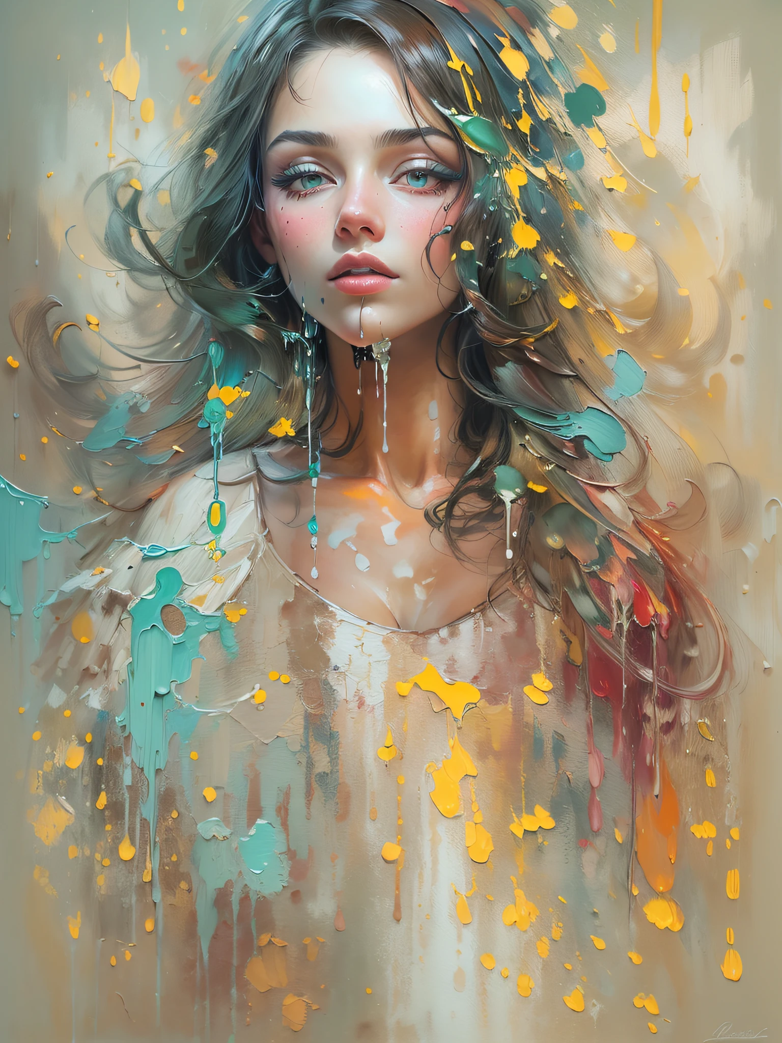 (Best Quality), (((a painting of a woman))), ((Luminous design)) , ((pastel colours)),((ink drips)),(autumn lights :0.8)