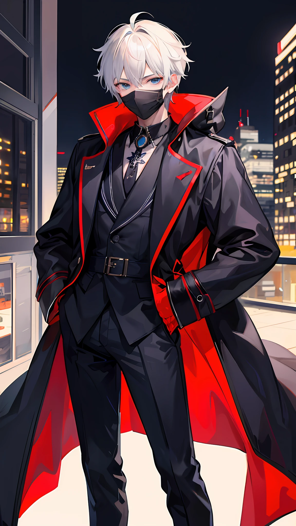 1boys,nightcity,Sateen,coat large,Put your hands in your pockets,Wearing a mask