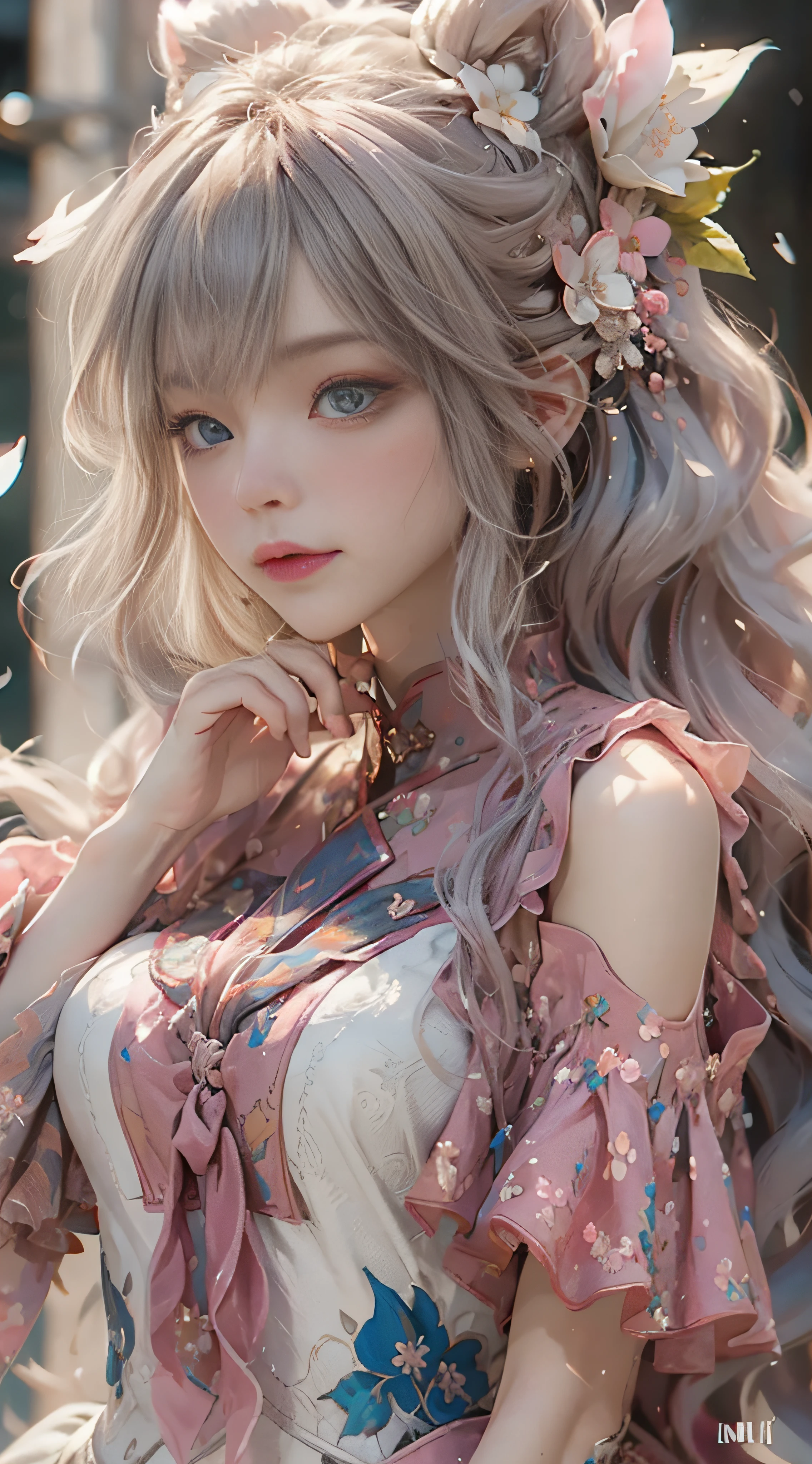 （（best qualtiy））， （（tmasterpiece））， （detail：1.4）， Beautiful cyberpunk female images，hdr（HighDynamicRange），Ray traching，NVIDIA RTX，Hyper-Resolution，illusory 5，sub surface scattering，PBR textures，post-proces，Anisotropy Filtering，depth of fields，maximum definition and sharpness，Many-Layer Textures，Albedo e mapas Speculares，Surface coloring，Mitsu-Accurate simulation of material interactions，perfectly proportioned，rendering by octane，Two-colored light，largeaperture，Low ISO，White balance，Rule three points、8K raw data、Beautiful bright blue pupils，off-the-shoulder clothes，Fine pupils，Delicate face and eyes，long eyelasher，Blushlush，Delicate and fluffy hair，pink lip，Pure，Cute face，Sweet girl，Artistic sense，Casual wear，Advancedsense，butterflys，Cherry blossom petal，Beautiful hair accessories，Long hair and waist，Hair fluttering in the wind，Snow-white fox ears，curlies，Snow-white fluffy tail，Positive light，The light from the back window is backlighted