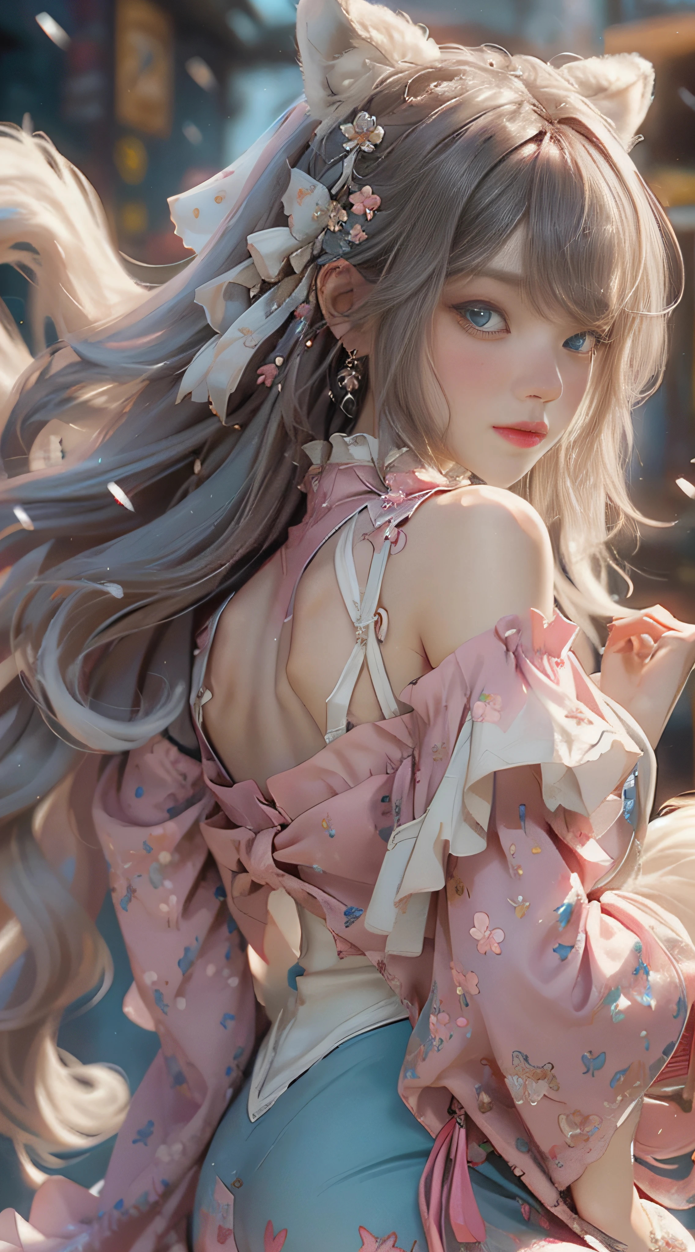 ((best qualtiy)), ((tmasterpiece)), (detail:1.4), Beautiful cyberpunk female images,hdr(HighDynamicRange),Ray traching,NVIDIA RTX,Hyper-Resolution,illusory 5,sub surface scattering,PBR textures,post-proces,Anisotropy Filtering,depth of fields,maximum definition and sharpness,Many-Layer Textures,Albedo e mapas Speculares,Surface coloring,Mitsu-Accurate simulation of material interactions,perfectly proportioned,rendering by octane,Two-colored light,largeaperture,Low ISO,White balance,Rule three points、8K raw data、Beautiful bright blue pupils,off-the-shoulder clothes,Fine pupils,Delicate face and eyes,long eyelasher,Blushlush,Delicate and fluffy hair,pink lip,Pure,Cute face,Sweet girl,Artistic sense,Casual wear,Advancedsense,butterflys,Cherry blossom petal,Beautiful hair accessories,Long hair and waist,Hair fluttering in the wind,Snow-white fox ears,curlies,Snow-white fluffy tail,Positive light,The light from the back window is backlighted