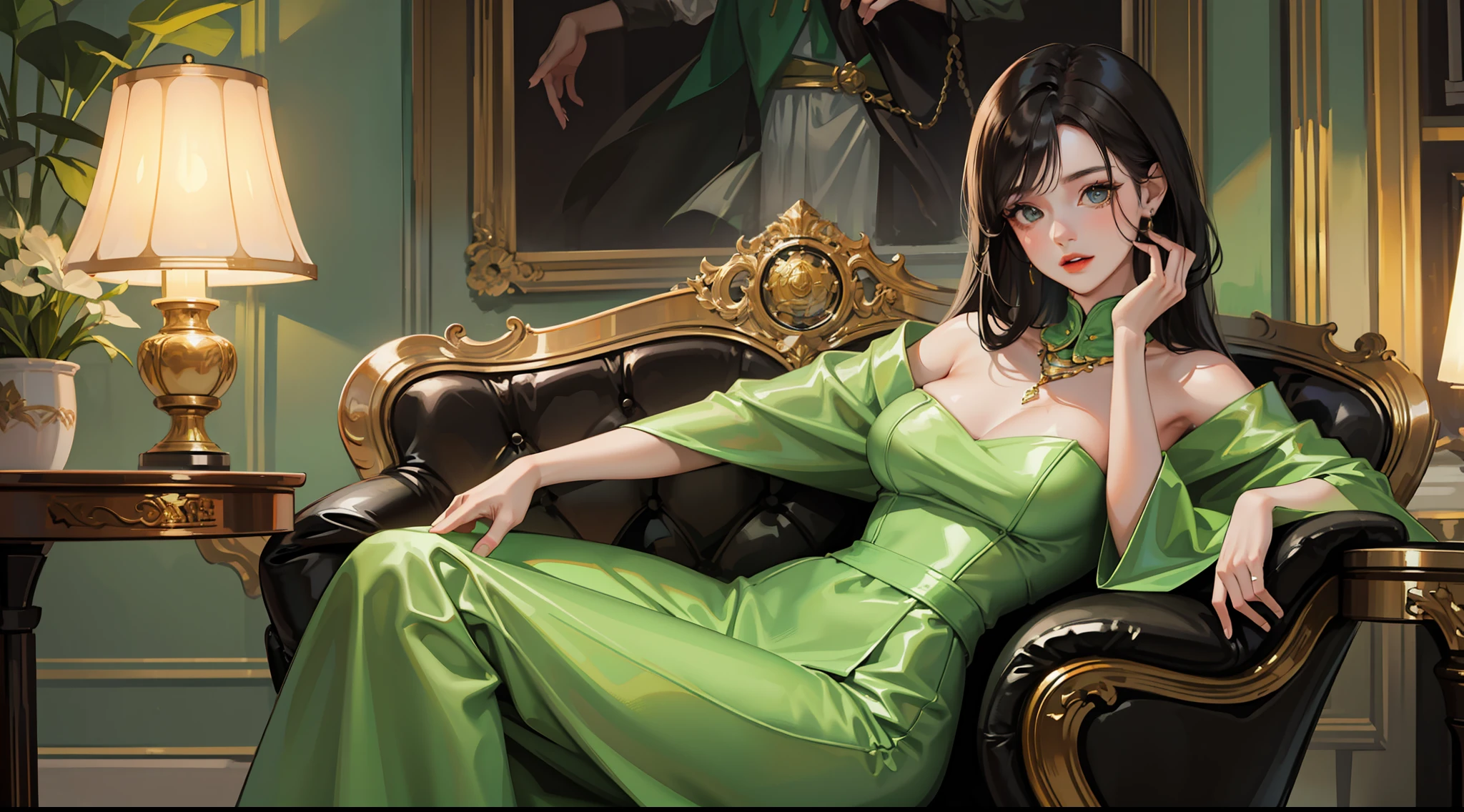 A modern girl, Young and beautiful, with a well-proportioned body. Her black hair fell on her shoulders, She wore a light green dress,Sit in a seat in the auction hall