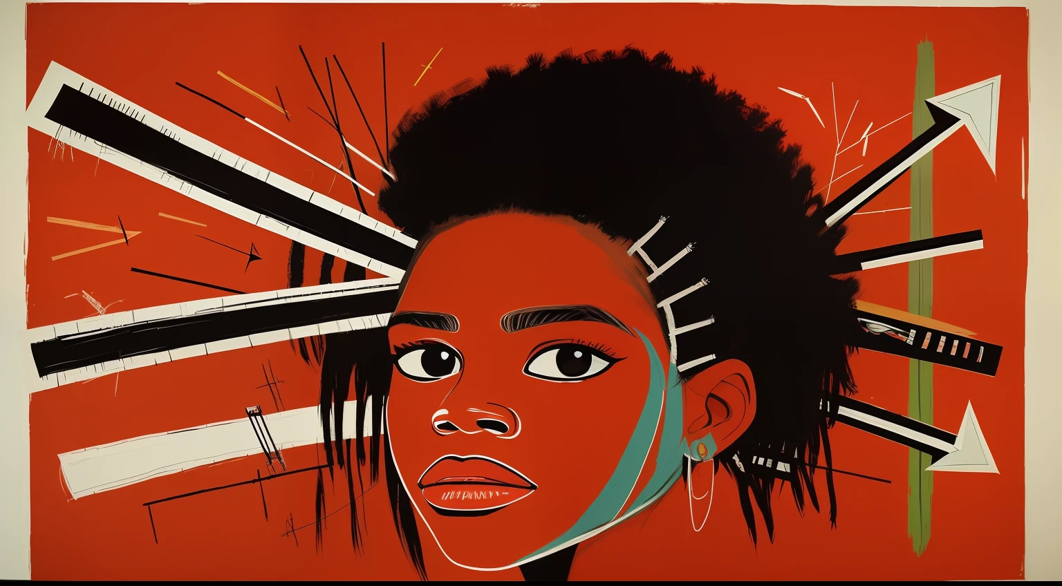 1girl in、Basquiat's paintings、artworks、an extremely devious and beautiful、Bows and arrows