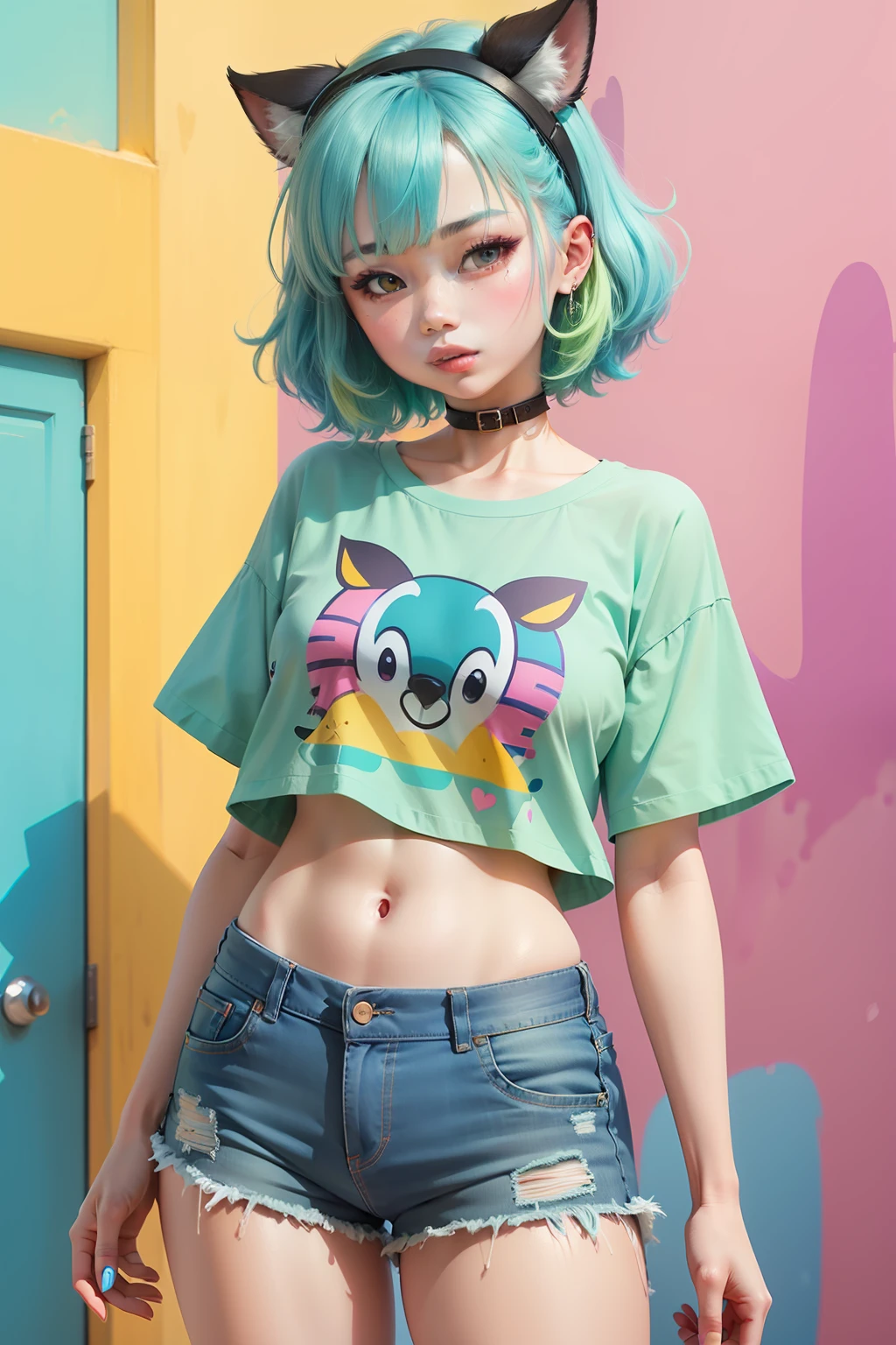 araffe girl with blue hair and a bright green shirt, colorful]”, rossdraws cartoon vibrant, rossdraws pastel vibrant, y 2 k cutecore clowncore, cute colorful adorable, colorful clothes, colorful aesthetic, colorful clothing, ( colorful ), colorful, with ripped crop t - shirt, colorful fashion, colorful pastel, ( ( ( colorful ) ) )