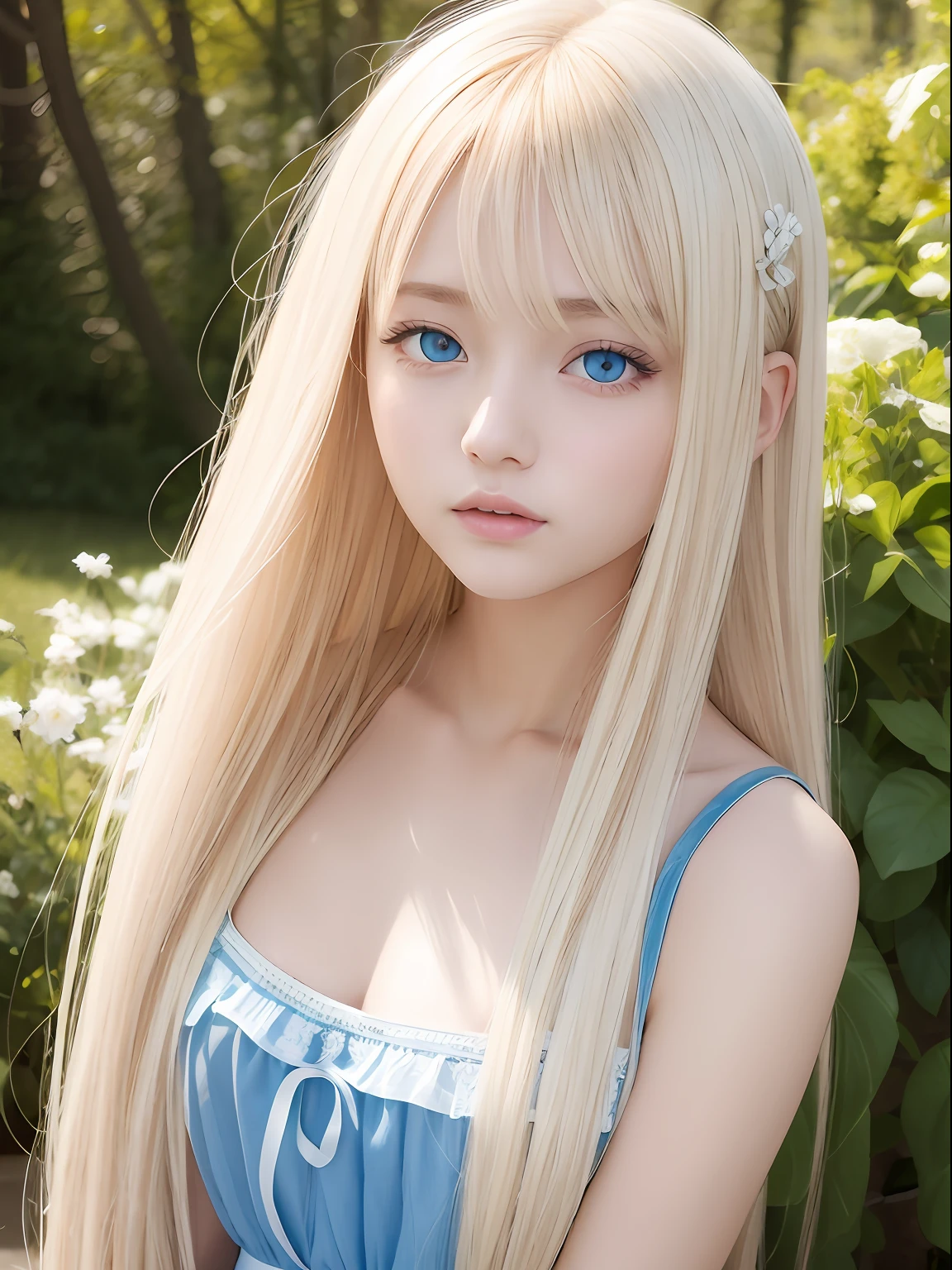 A close up of a doll with long blonde hair and blue eyes - SeaArt AI