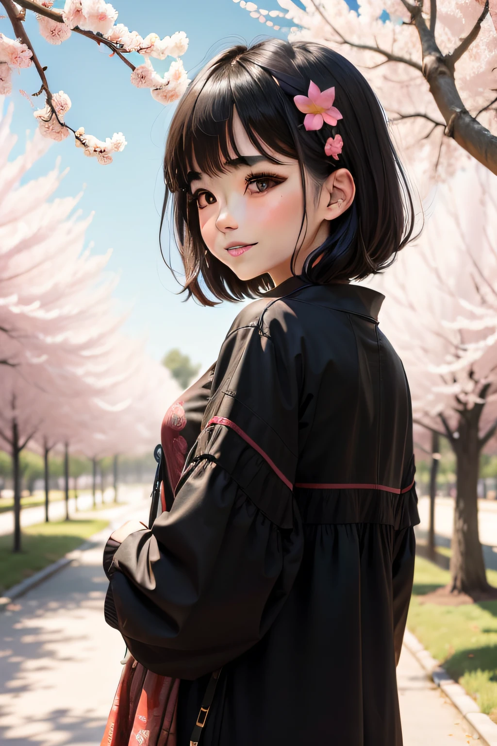 The girl with black hair was dressed in big red，Standing under the peach blossom tree, he smiled back